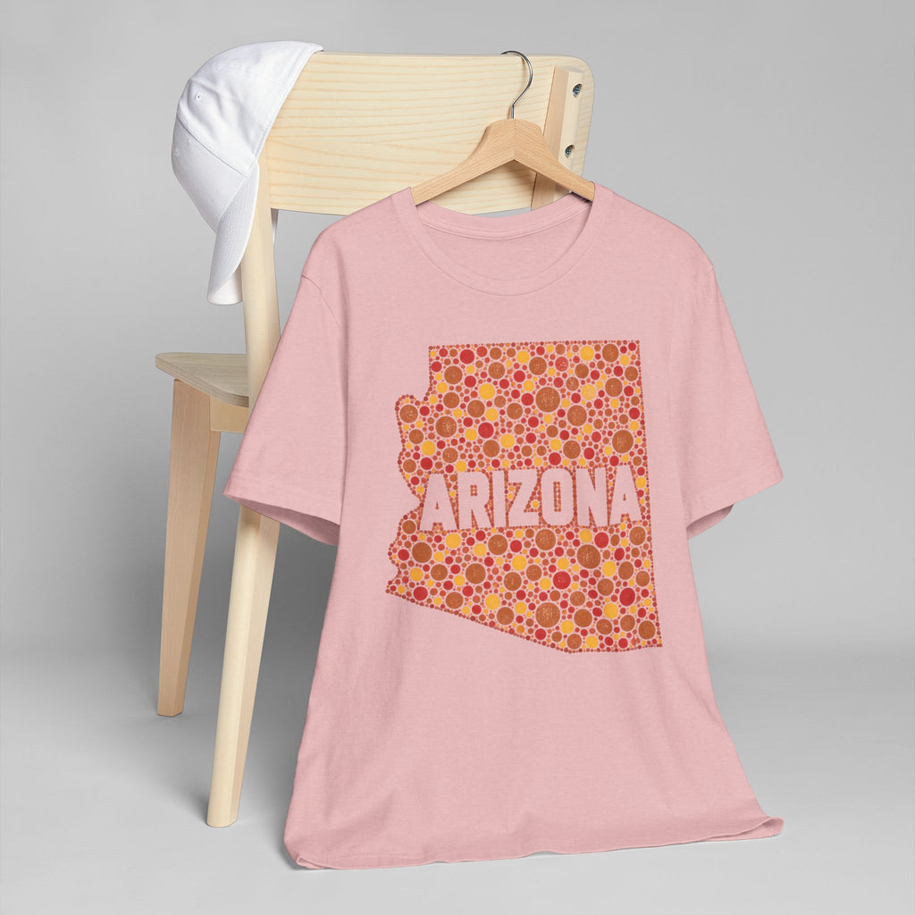 Blush pink short-sleeve t-shirt with orange patterned Arizona outline graphic