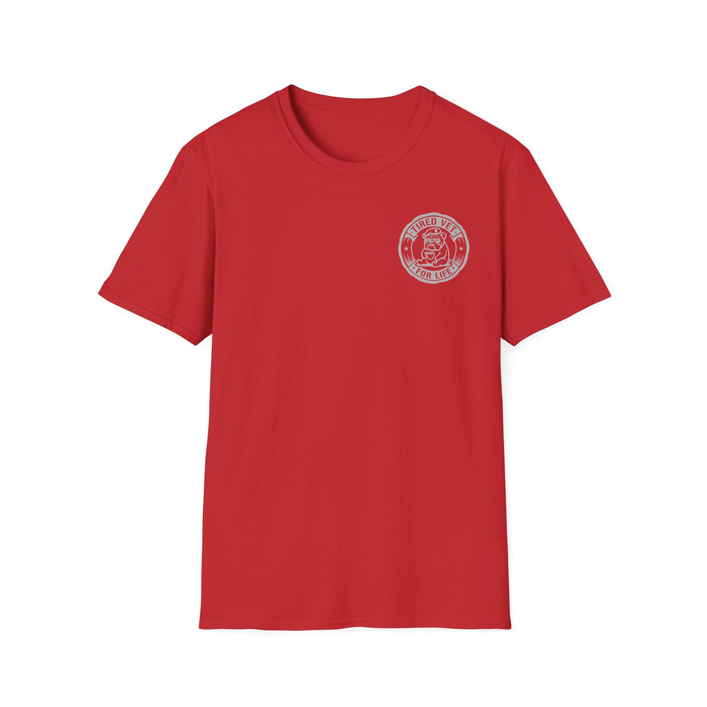 Red t-shirt with small circular seal logo printed on the chest