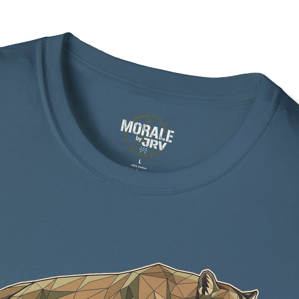 Leaping Cougar graphic tee, indigo blue, back neckline logo patch