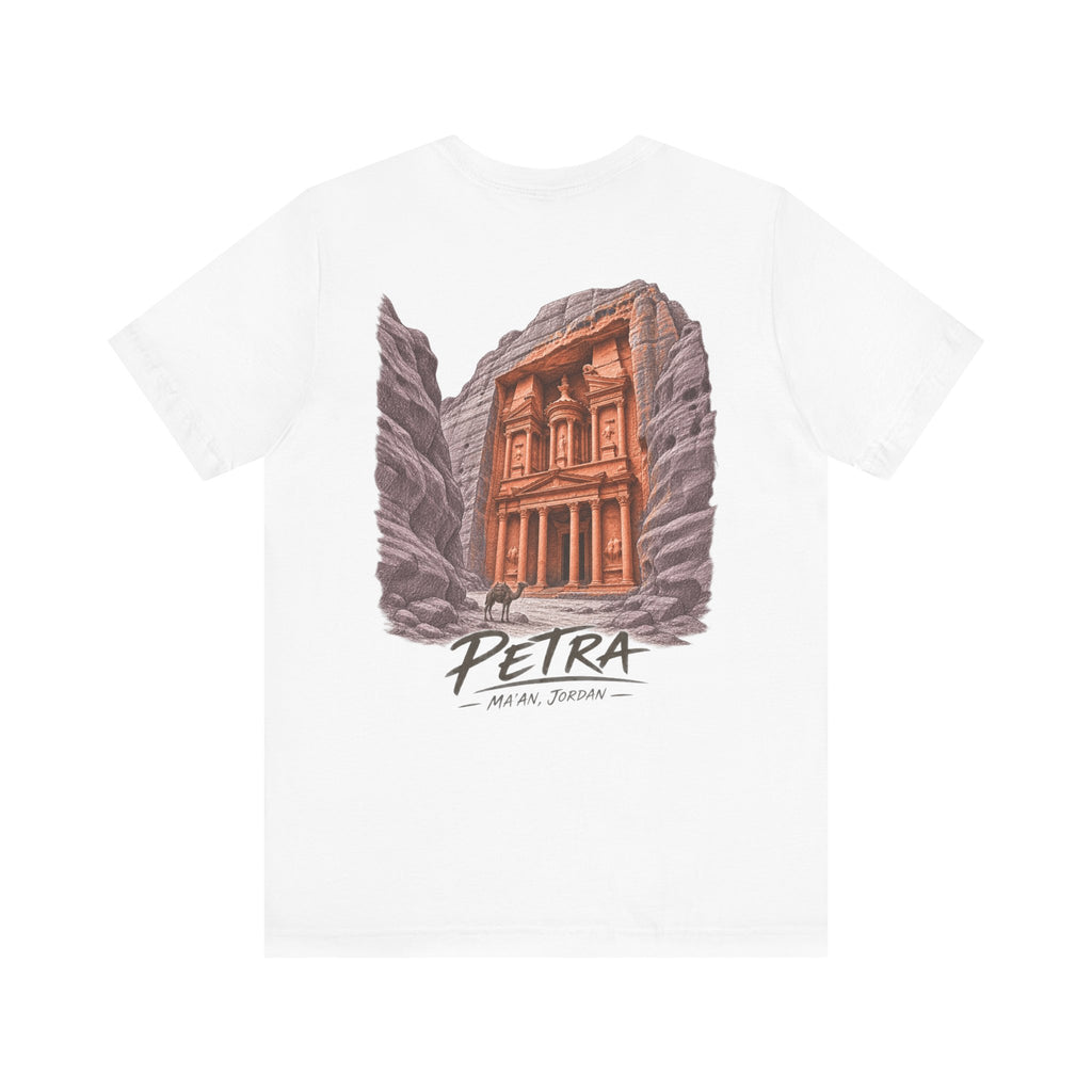 White graphic T-shirt with Petra illustration and “PEIRTA” text at center front