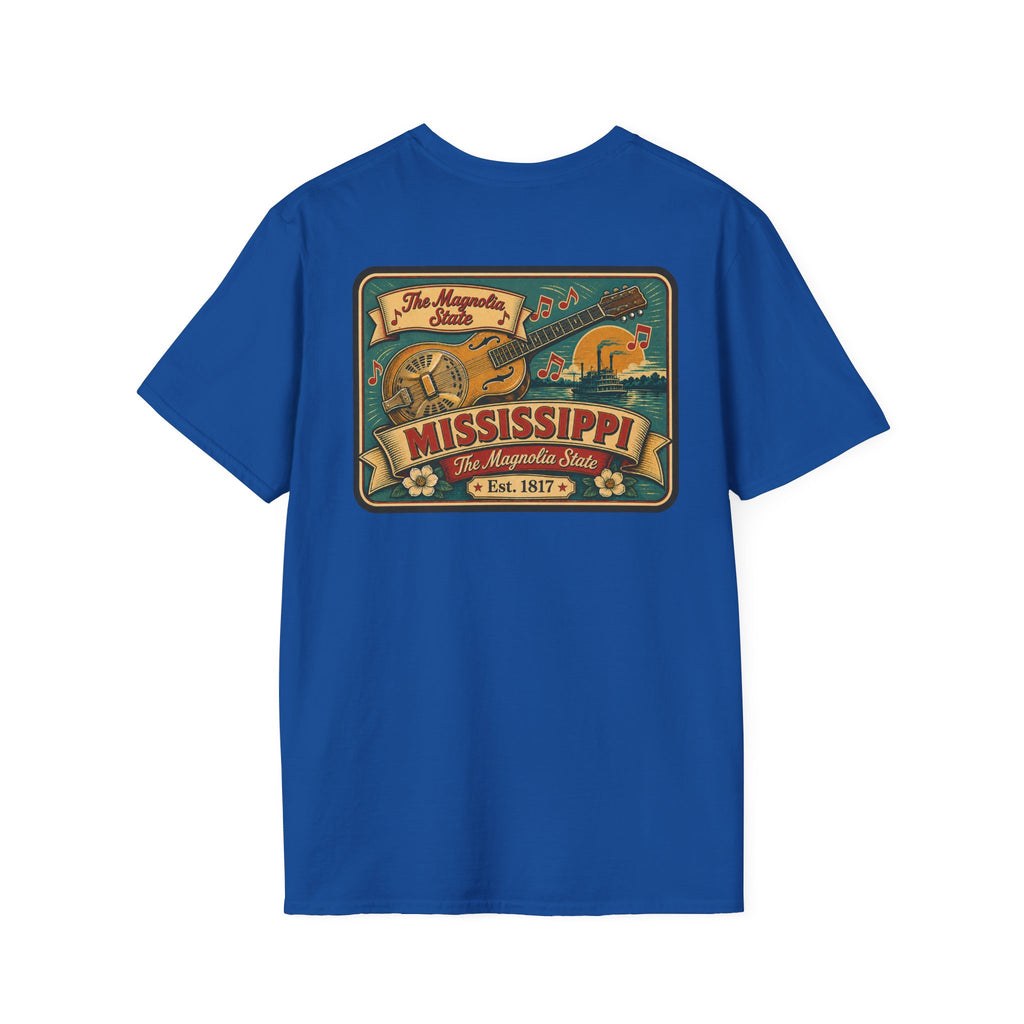 Royal blue Mississippi Riverboat T-shirt with colorful Mississippi front graphic