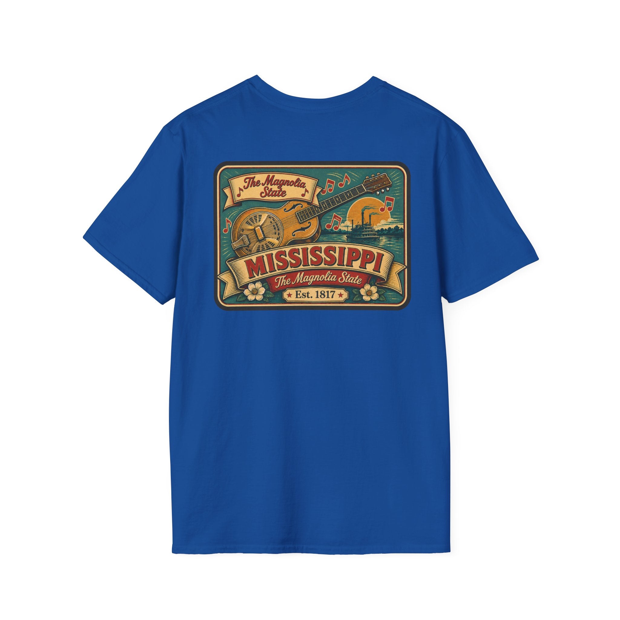 Royal blue Mississippi Riverboat T-shirt with colorful Mississippi front graphic