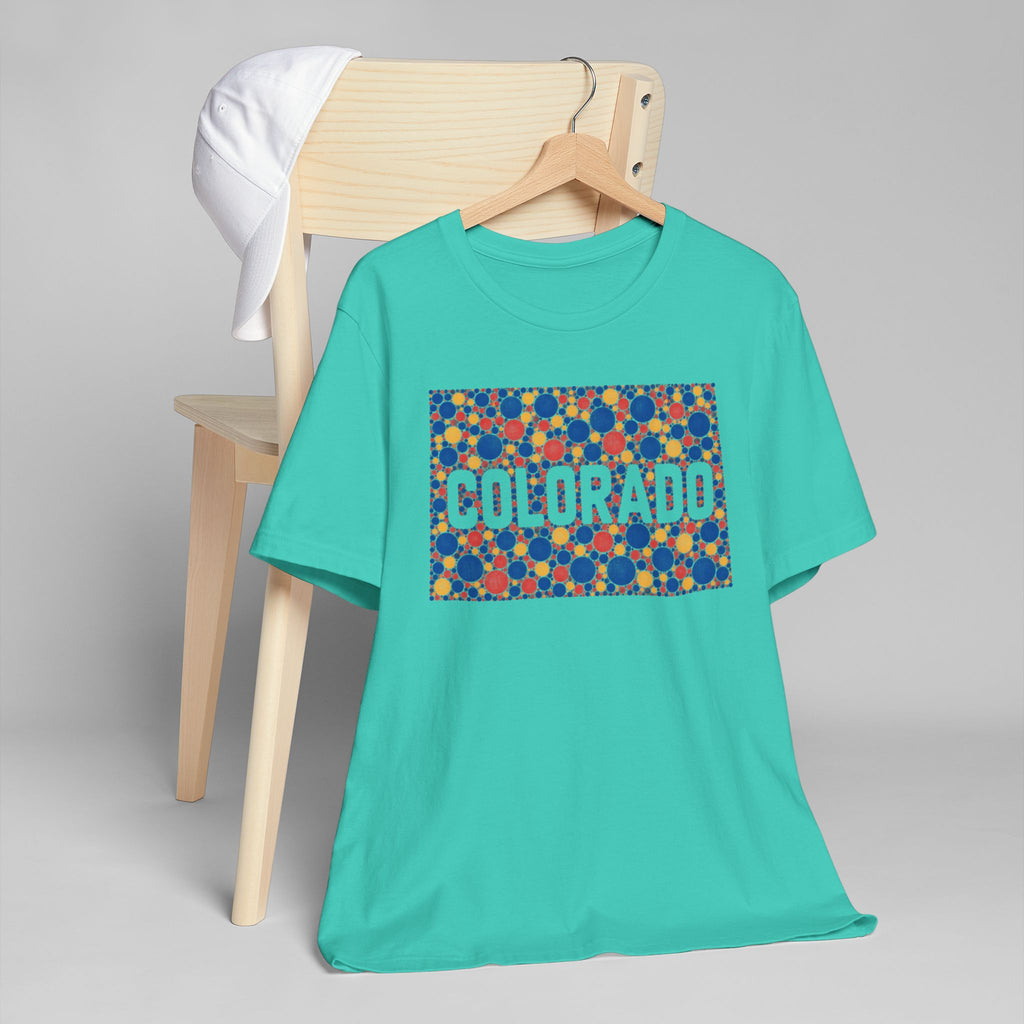 Teal crewneck T-shirt with COLORADO graphic rectangle on the chest