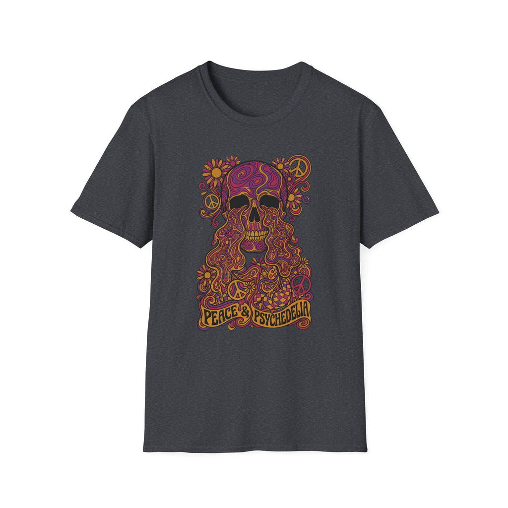 Skull T-shirt in charcoal with colorful floral psychedelic skull graphic and peace slogan