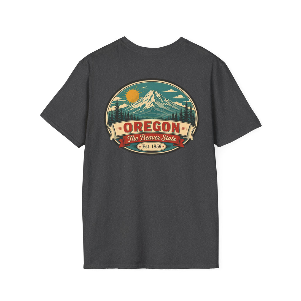Oregon mountain graphic T-shirt, dark gray crew neck with circular Beaver State logo
