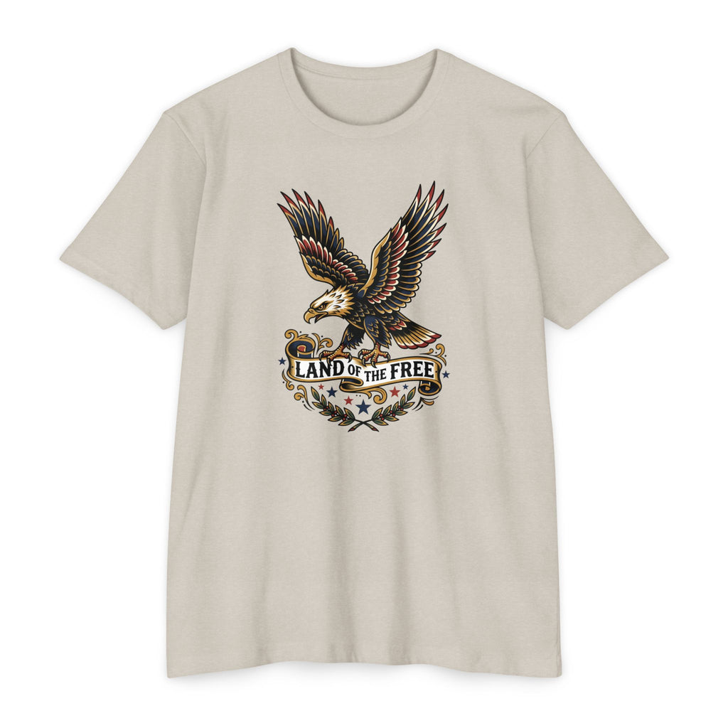 Light beige T-shirt with multicolor eagle graphic and “LAND OF THE FREE” text