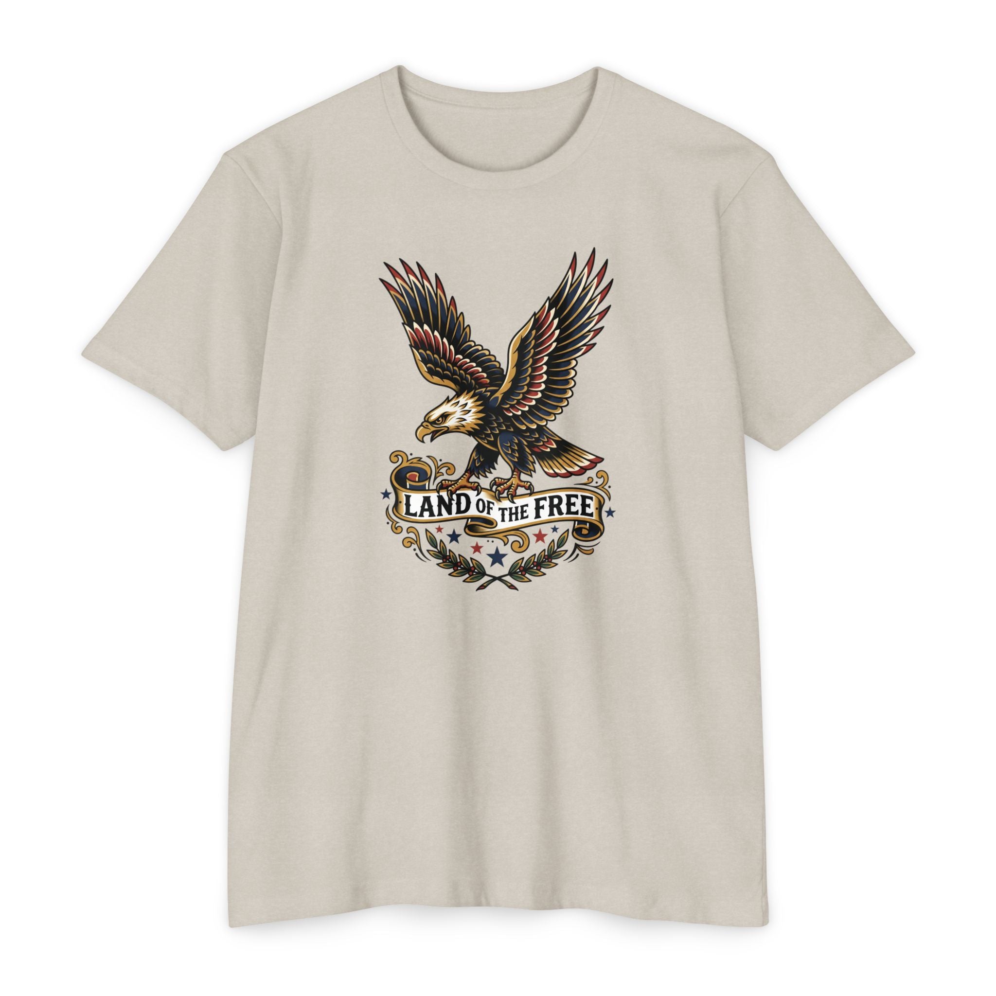 Light beige T-shirt with multicolor eagle graphic and “LAND OF THE FREE” text