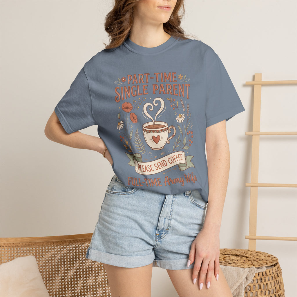 Blue-gray t-shirt worn by model with floral coffee graphic and heart icon