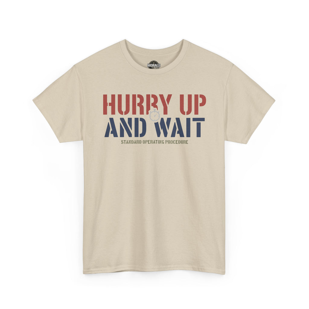 Sand crew-neck T-shirt with 'Hurry Up and Wait' graphic on front