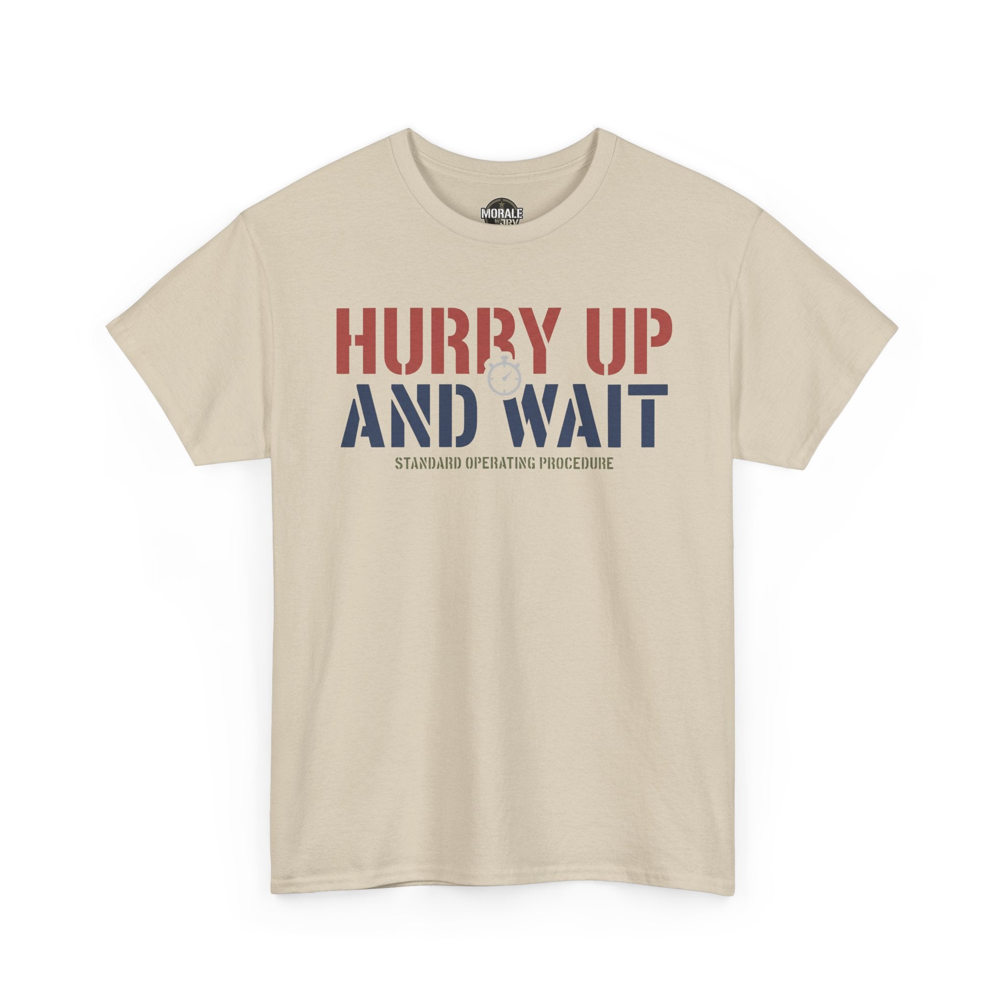 Sand crew-neck T-shirt with 'Hurry Up and Wait' graphic on front