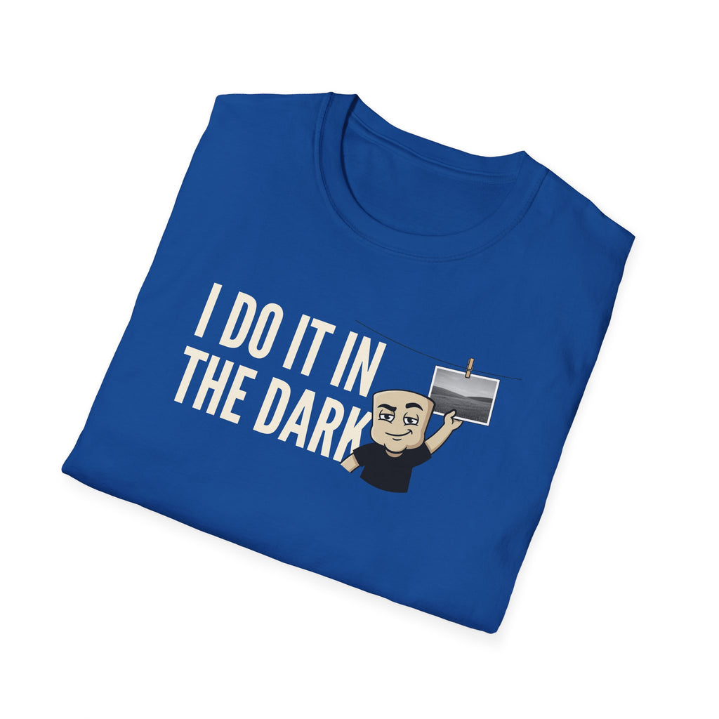 Royal blue T-shirt with "I DO IT IN THE DARK" graphic and cartoon photographer
