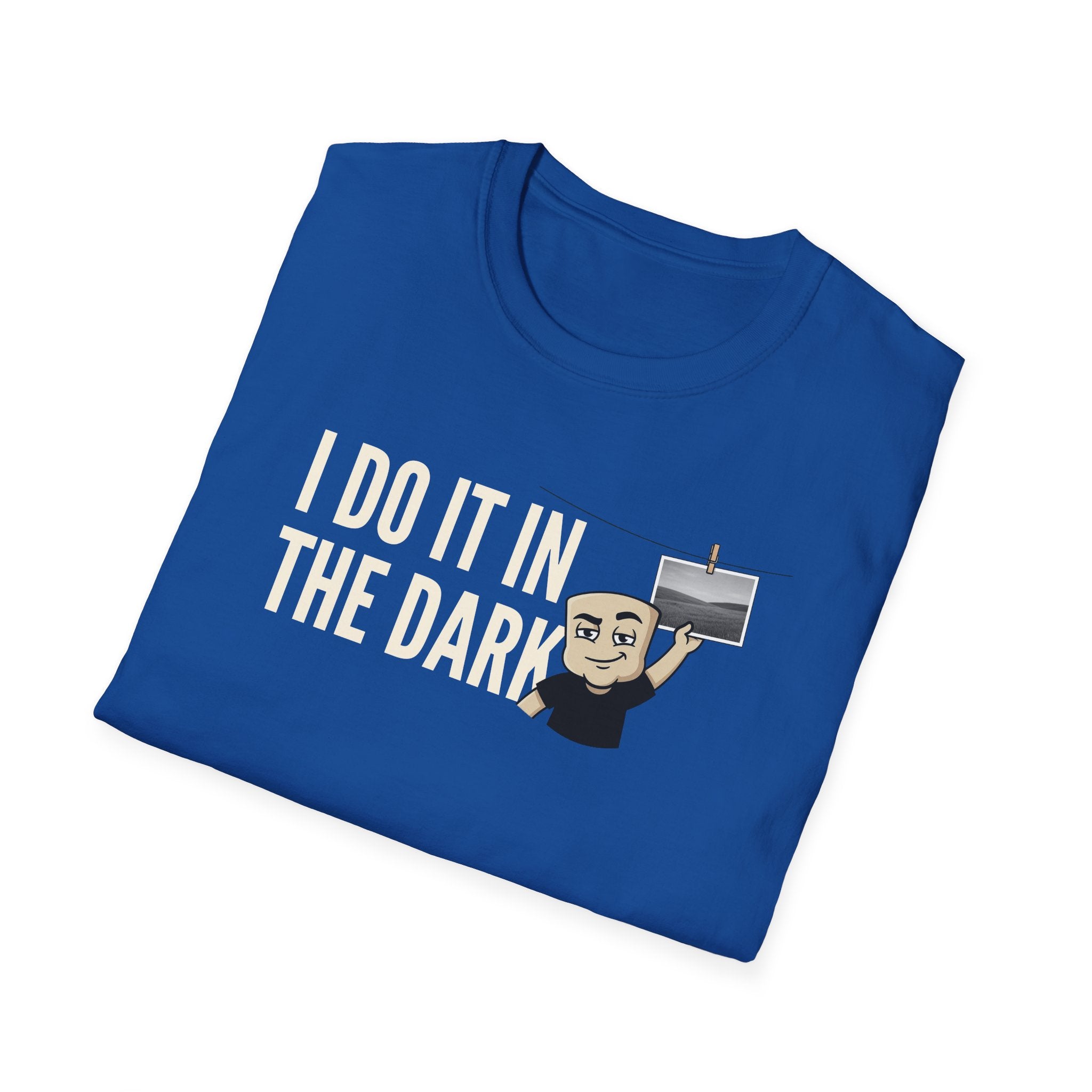 Royal blue T-shirt with "I DO IT IN THE DARK" graphic and cartoon photographer
