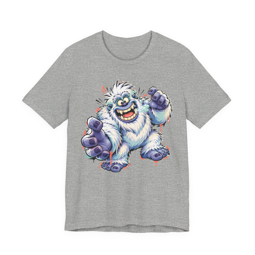Heather gray monster t-shirt with cartoon yeti creature graphic waving and grinning