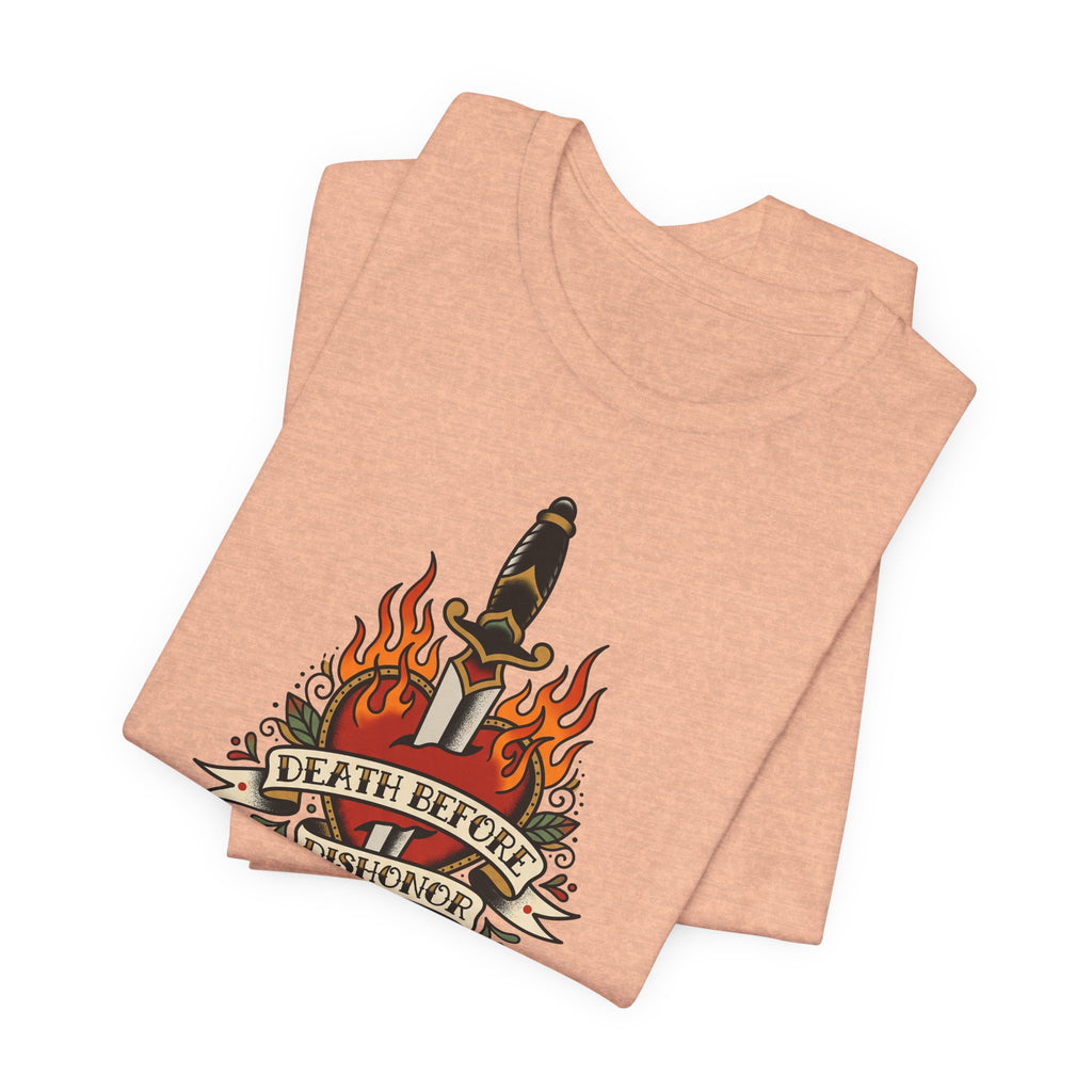 Peach graphic T-shirt with flaming dagger emblem on front