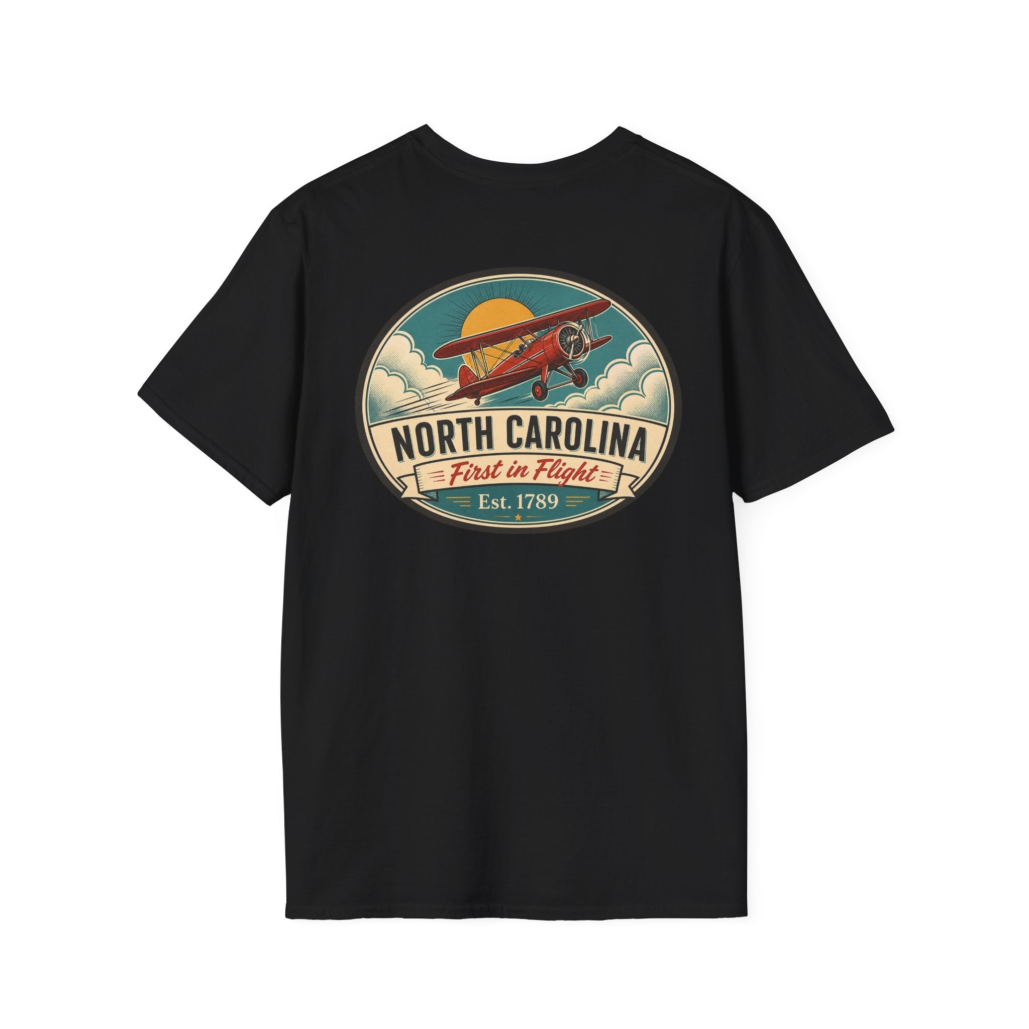 Navy T-shirt with North Carolina biplane oval graphic, crewneck short sleeves
