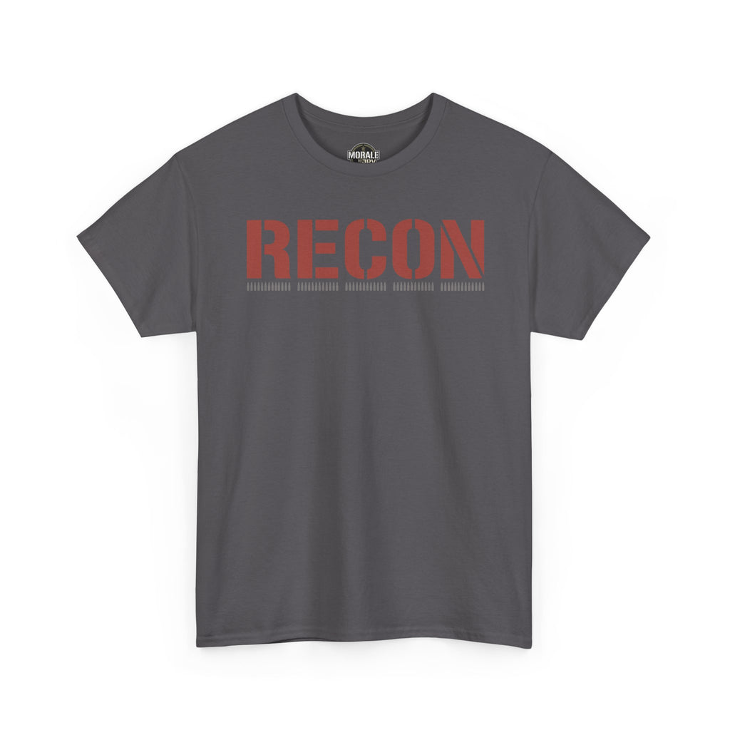 Military-style T-shirt, charcoal front view with RECON red stencil graphic