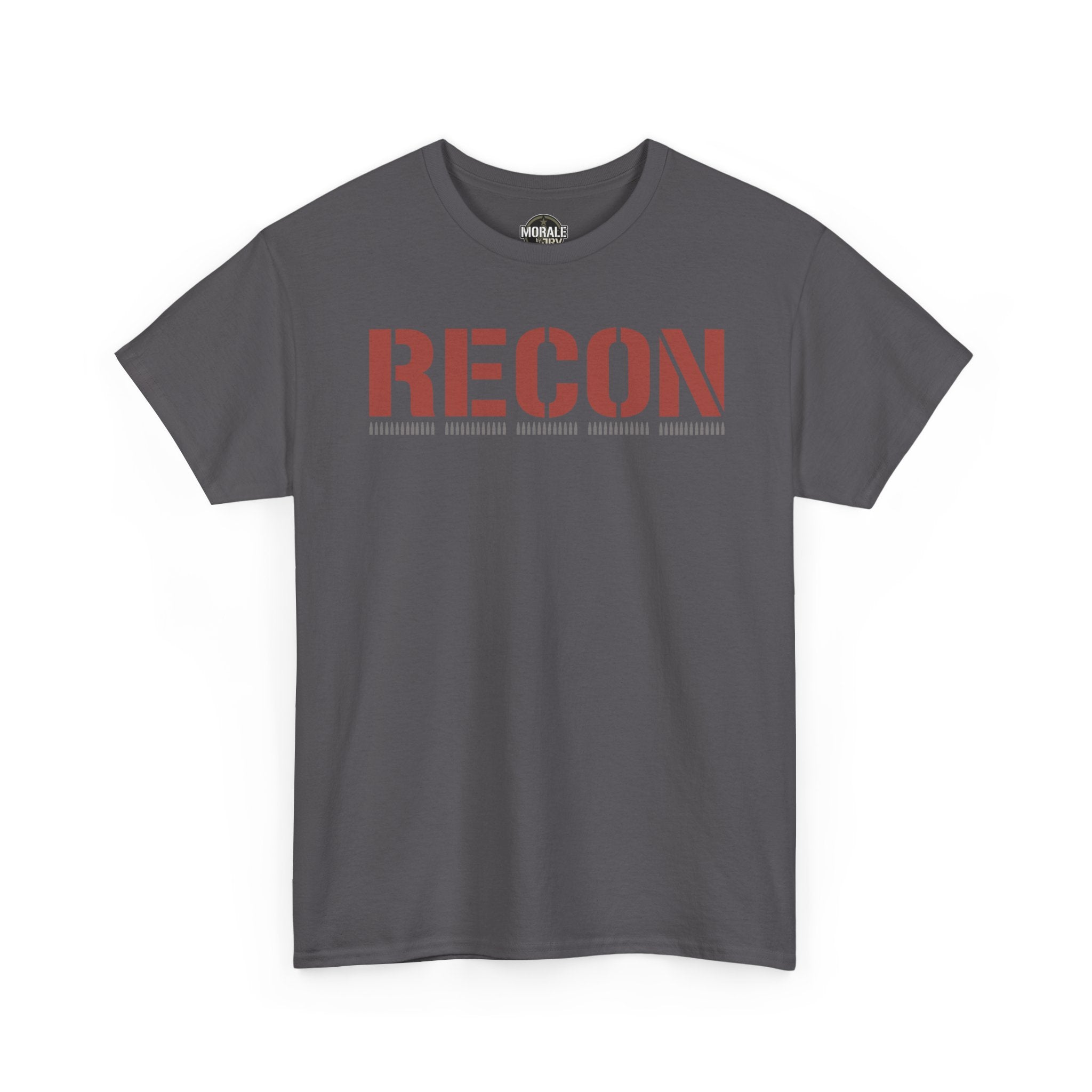 Military-style T-shirt, charcoal front view with RECON red stencil graphic