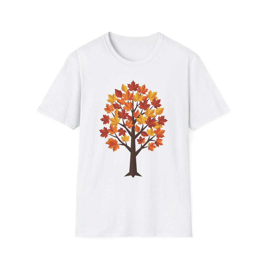 Camiseta blanca con árbol de arce otoñal y hojas de colores en el centro