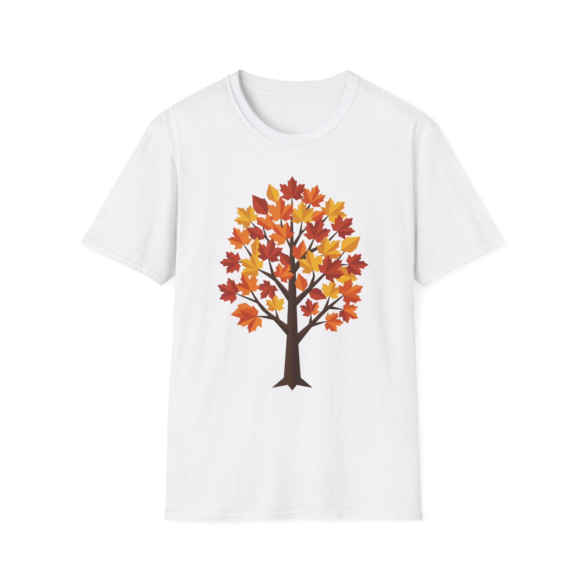 Camiseta blanca con árbol de arce otoñal y hojas de colores en el centro