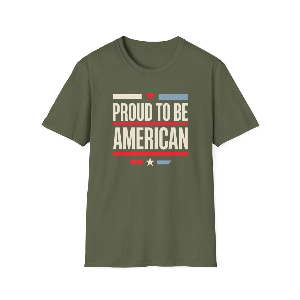 Military green T-shirt with 'Proud To Be American' star-and-stripe front graphic