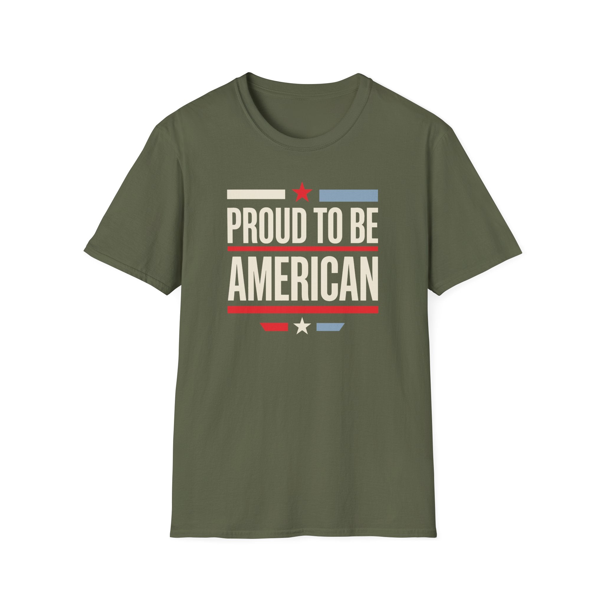 Military green T-shirt with 'Proud To Be American' star-and-stripe front graphic