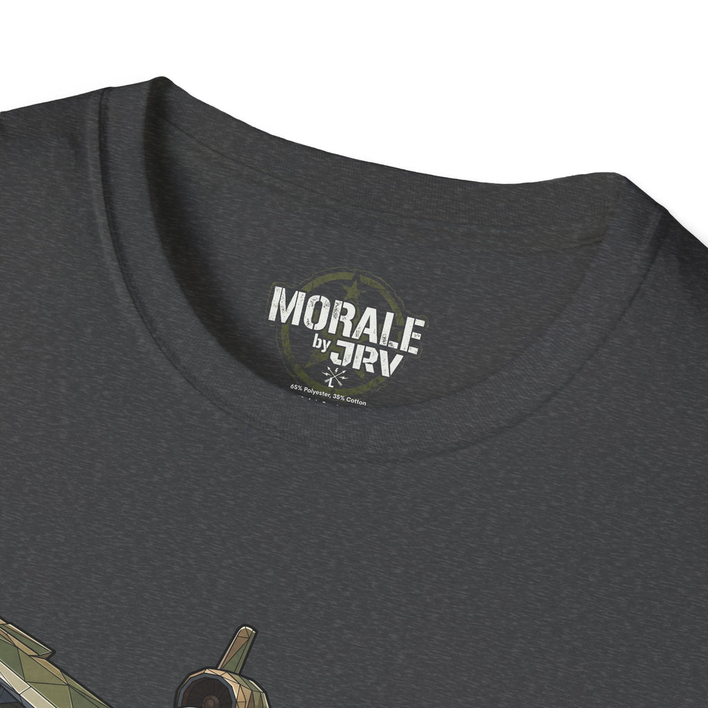 Dark heather T-shirt with 'Morale by TVR' logo at neckline.