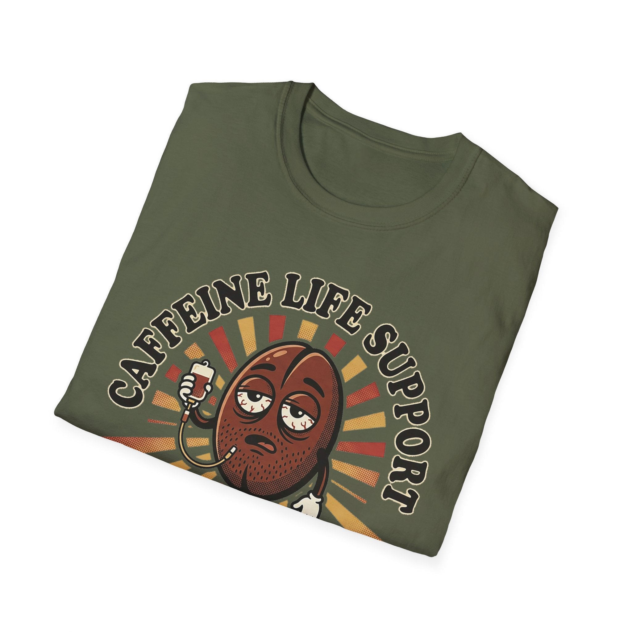 Caffeine Life Support T-Shirt in Military Green, “CAFFEINE LIFE SUPPORT” front graphic