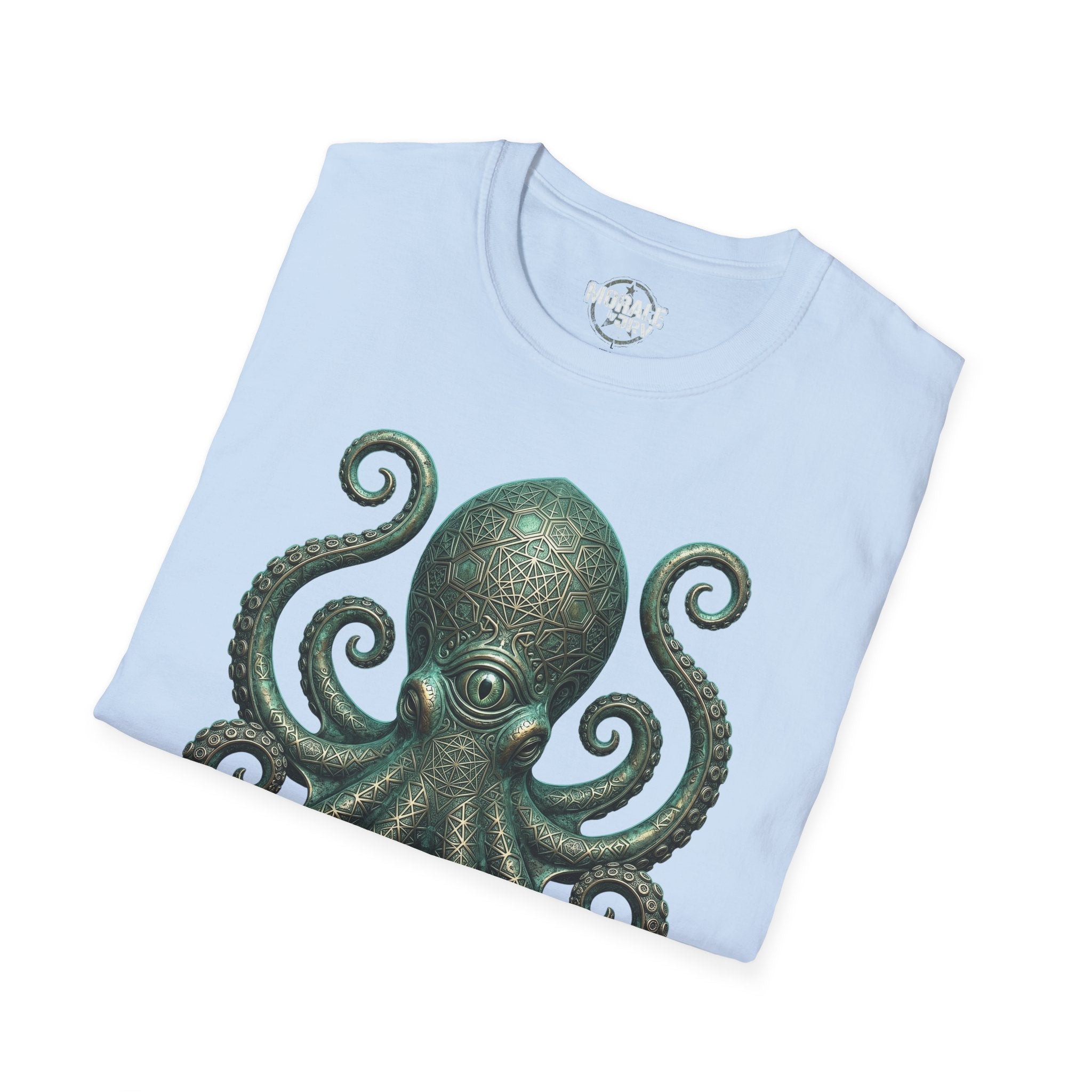 Light blue t-shirt featuring green octopus illustration across chest