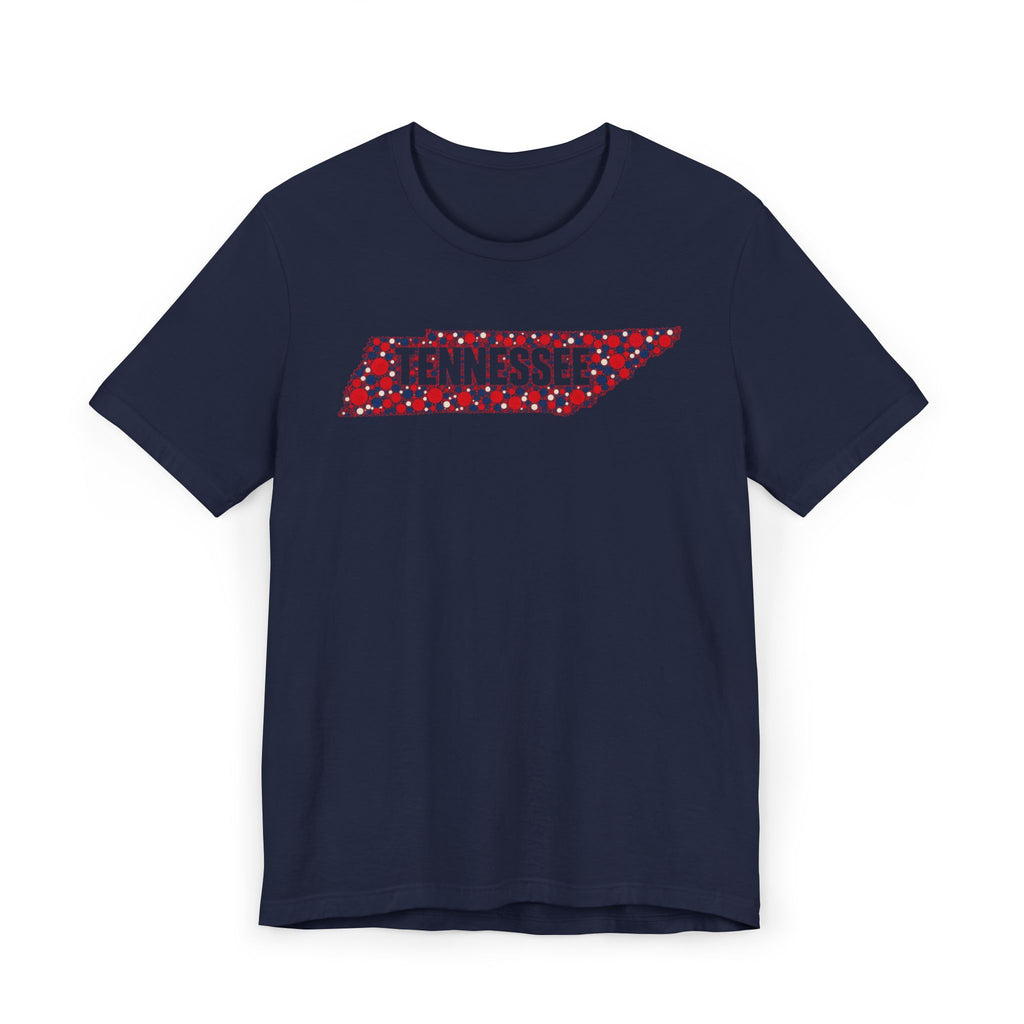 Navy T-shirt with 'Tennessee' floral map graphic across the chest