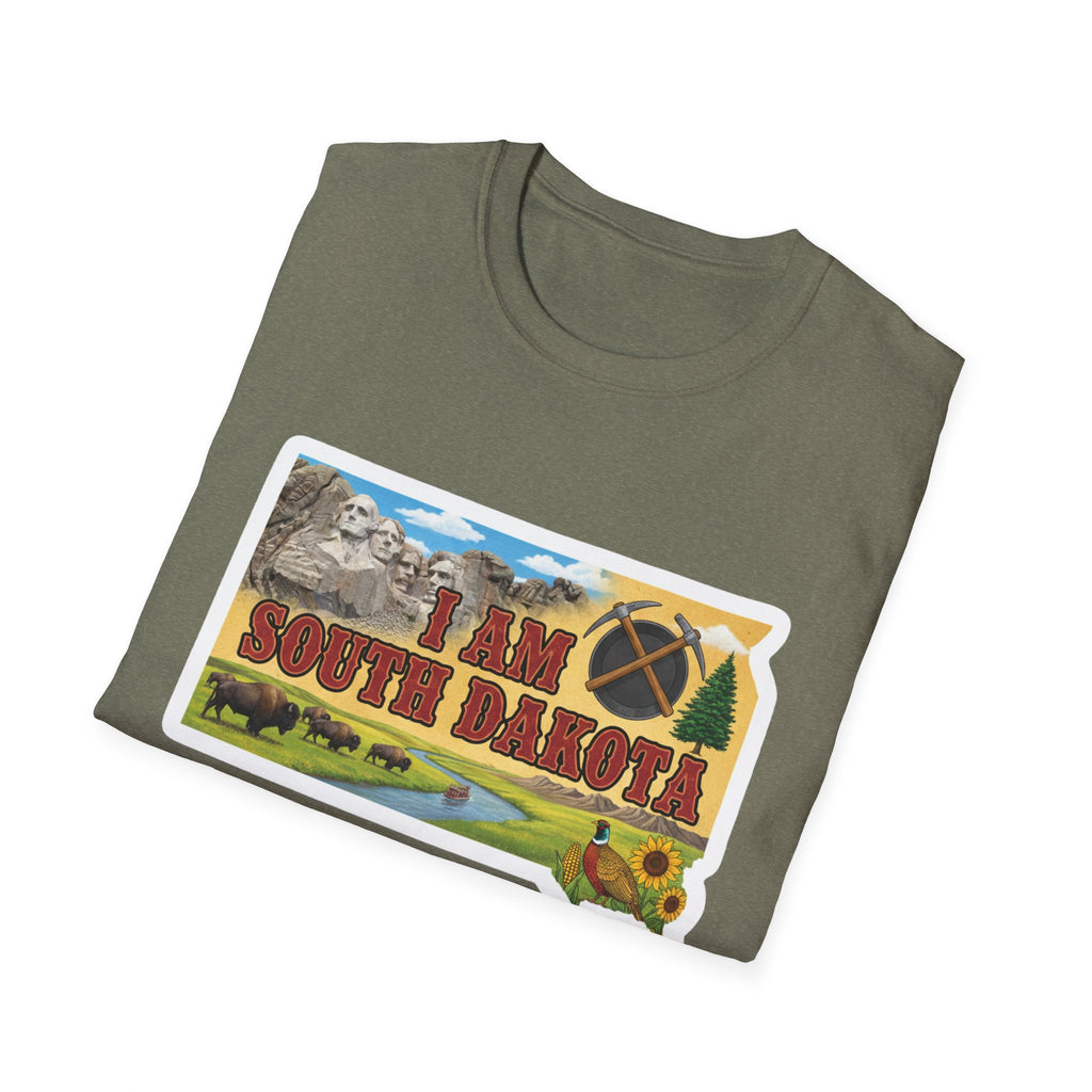 Olive green T-shirt with 'I AM SOUTH DAKOTA' landscape graphic