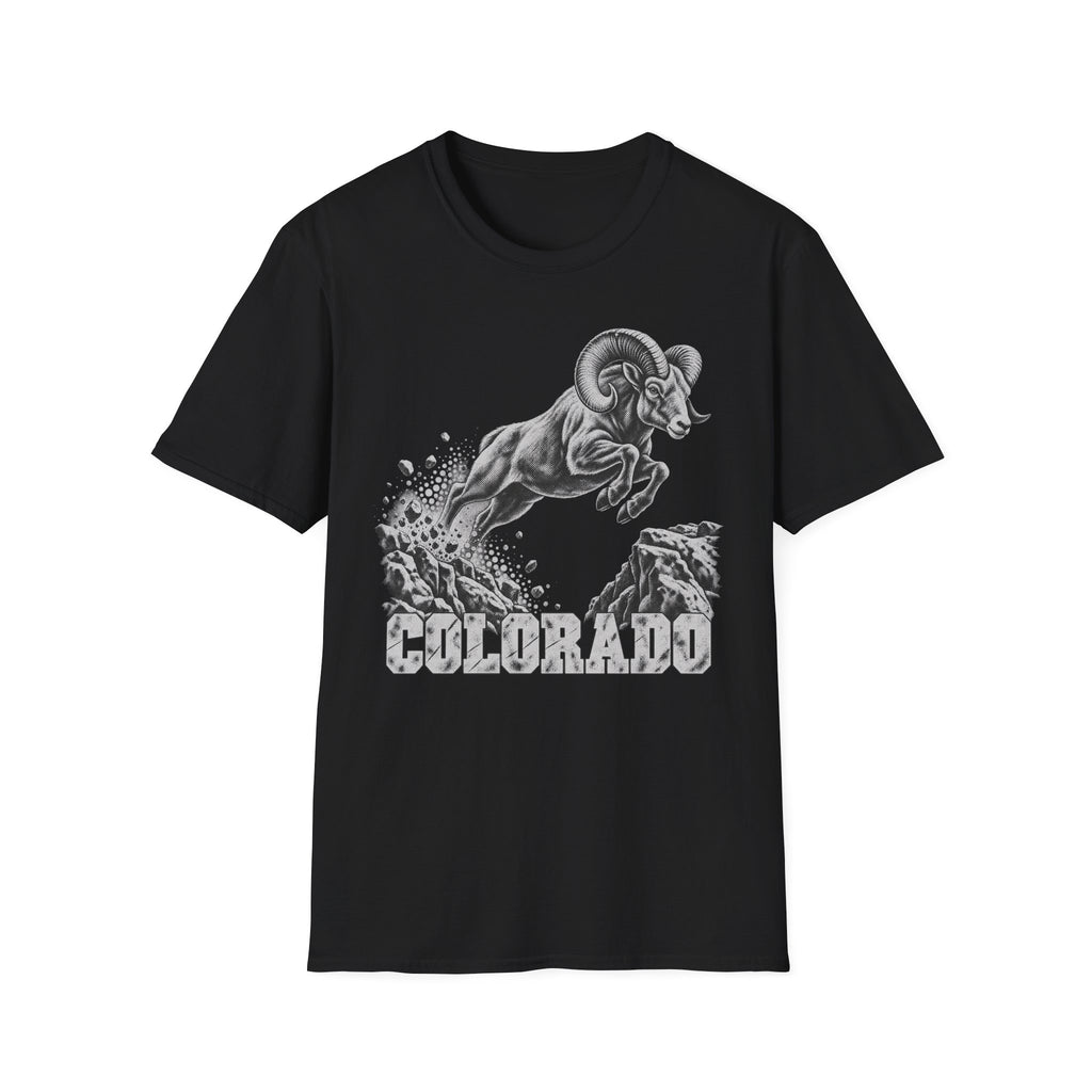 Black t-shirt with bighorn sheep and Colorado wildlife graphic on front