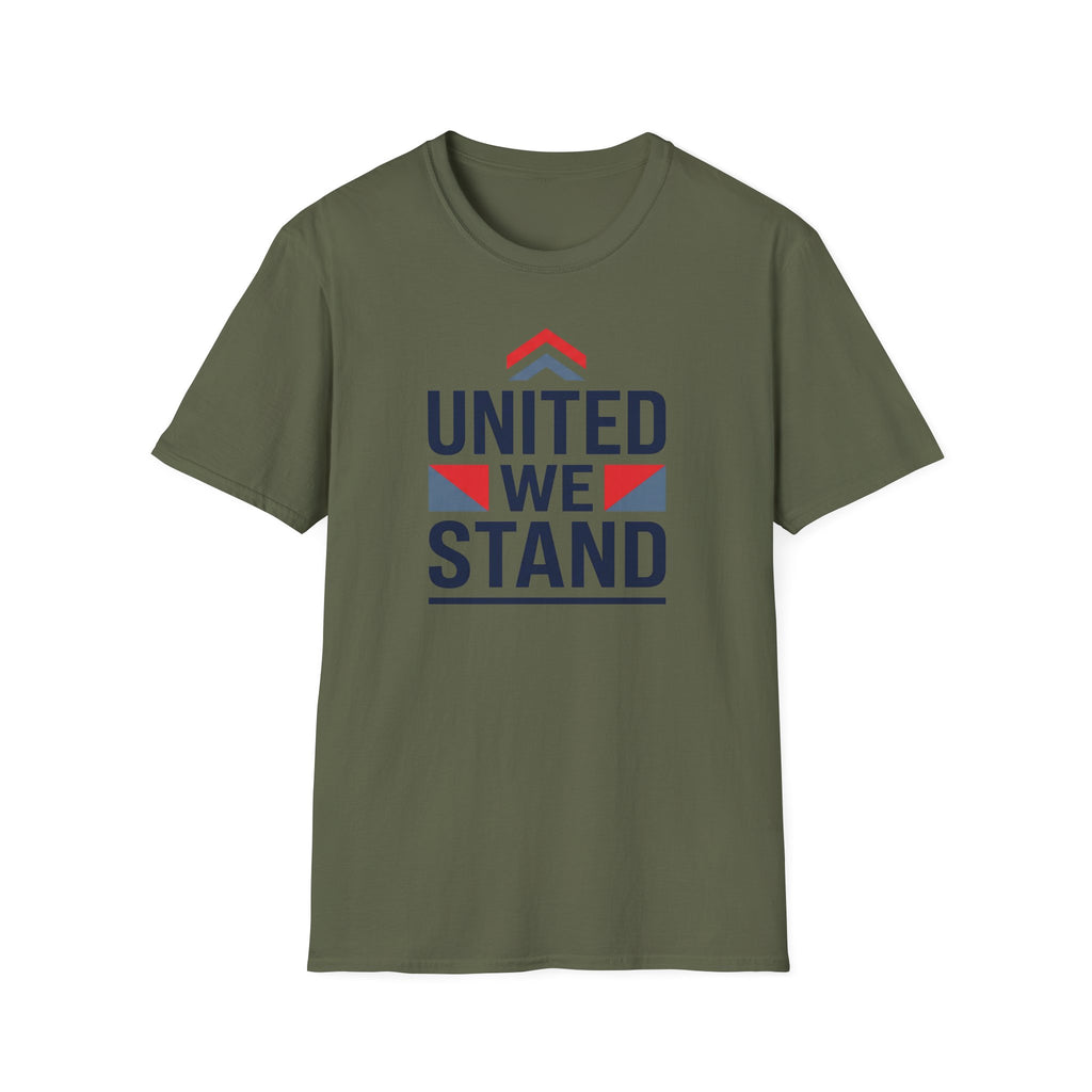 Olive green crewneck T-shirt with “UNITED WE STAND” chest graphic.