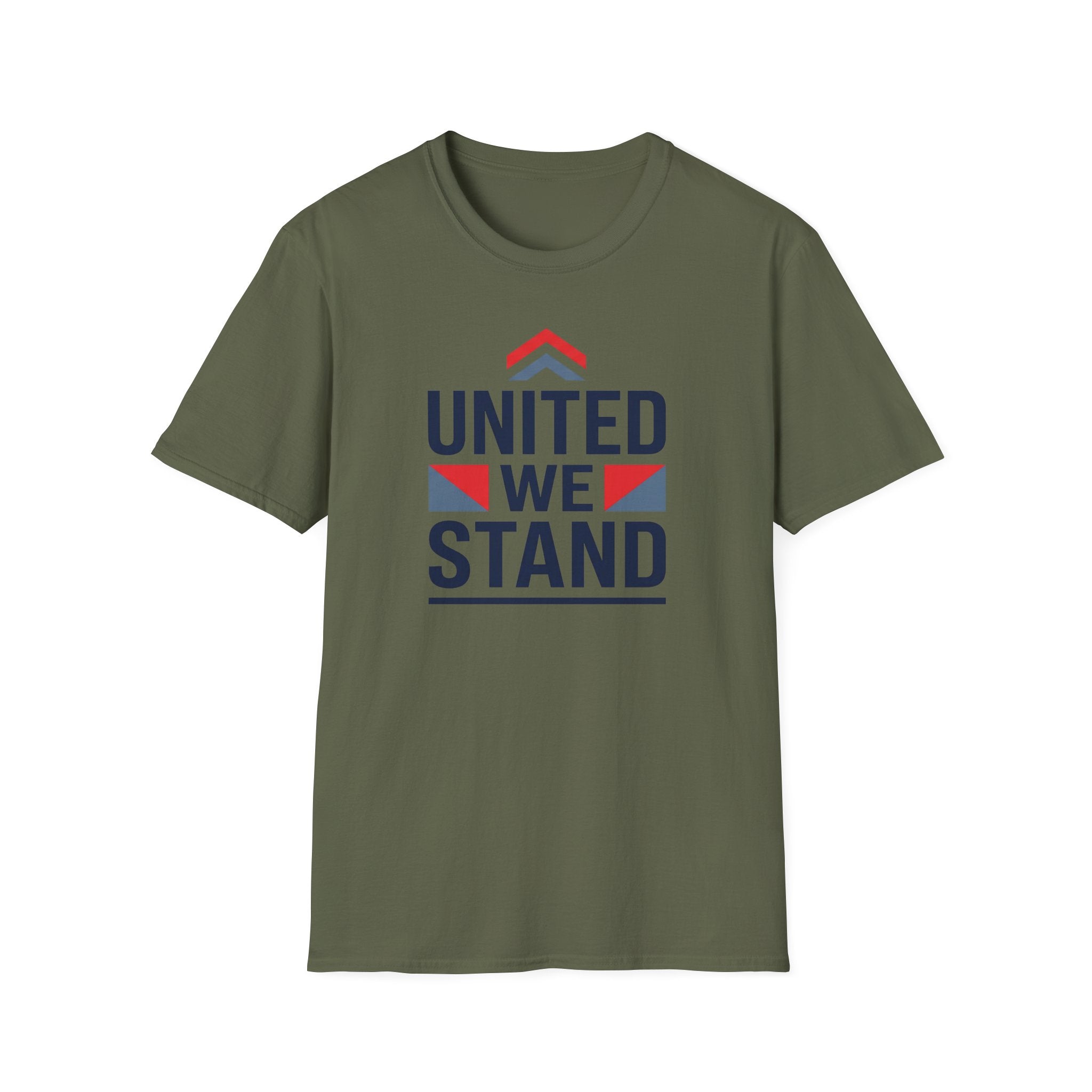 Olive green crewneck T-shirt with “UNITED WE STAND” chest graphic.