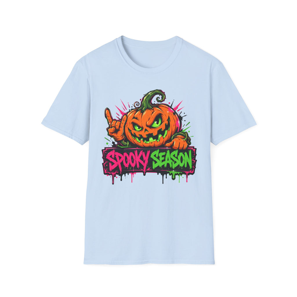Light blue pumpkin jack-o-lantern graphic T-shirt with Spooky Season banner
