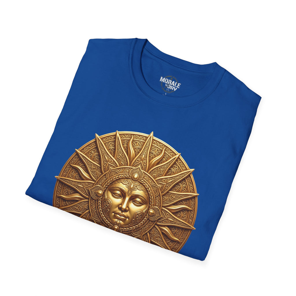 Royal blue T-shirt with bronze sun-face medallion front graphic