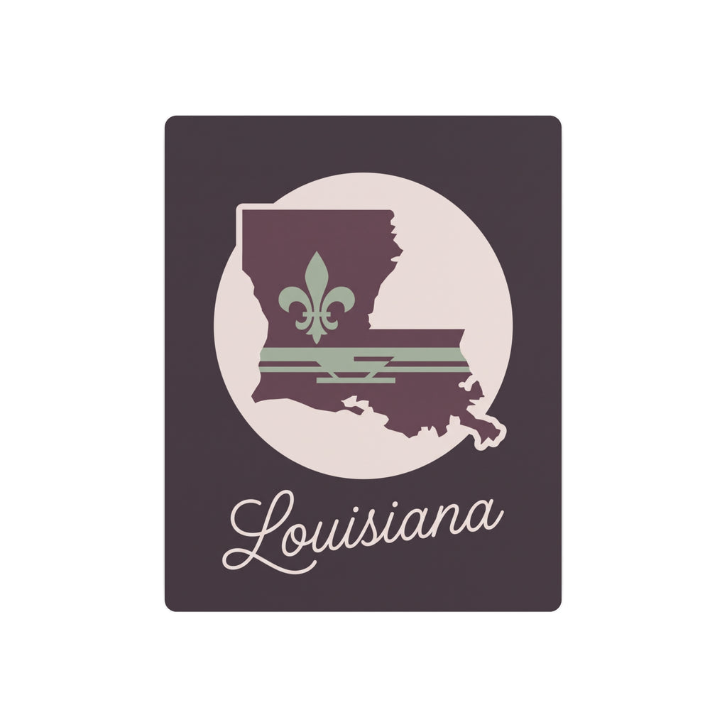 Louisiana metal wall art sign with fleur-de-lis and state silhouette, plum and sage palette