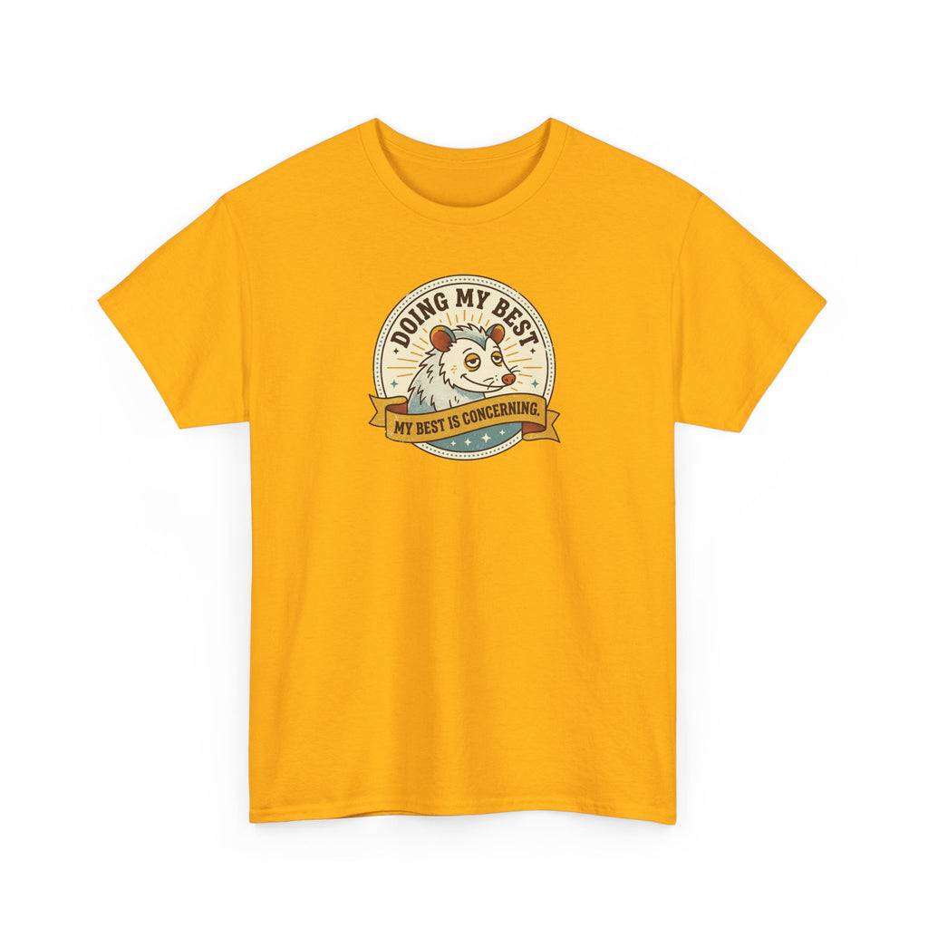 Sloth graphic T-shirt in gold with a round slogan badge and sloth illustration on the chest