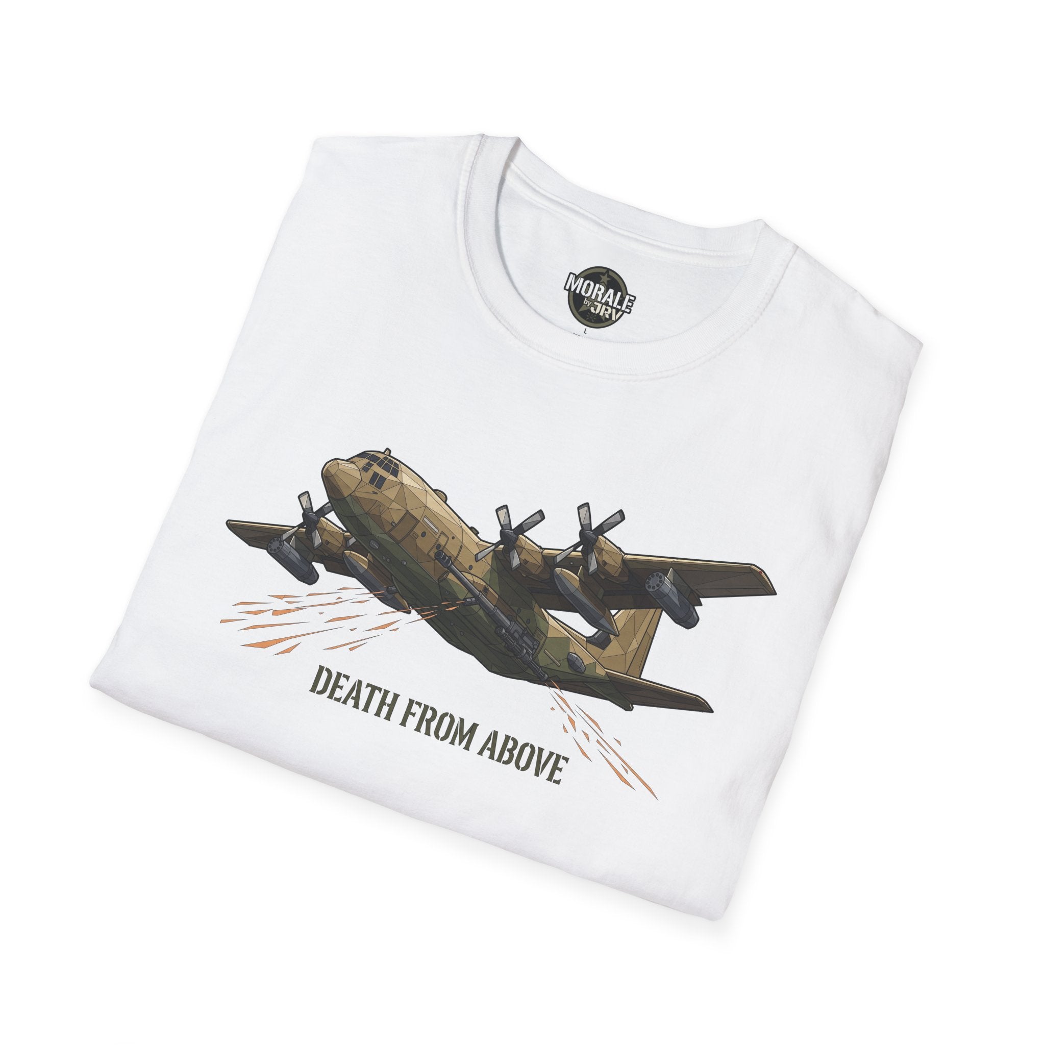 White T-shirt with C-130 cargo plane graphic and “DEATH FROM ABOVE”
