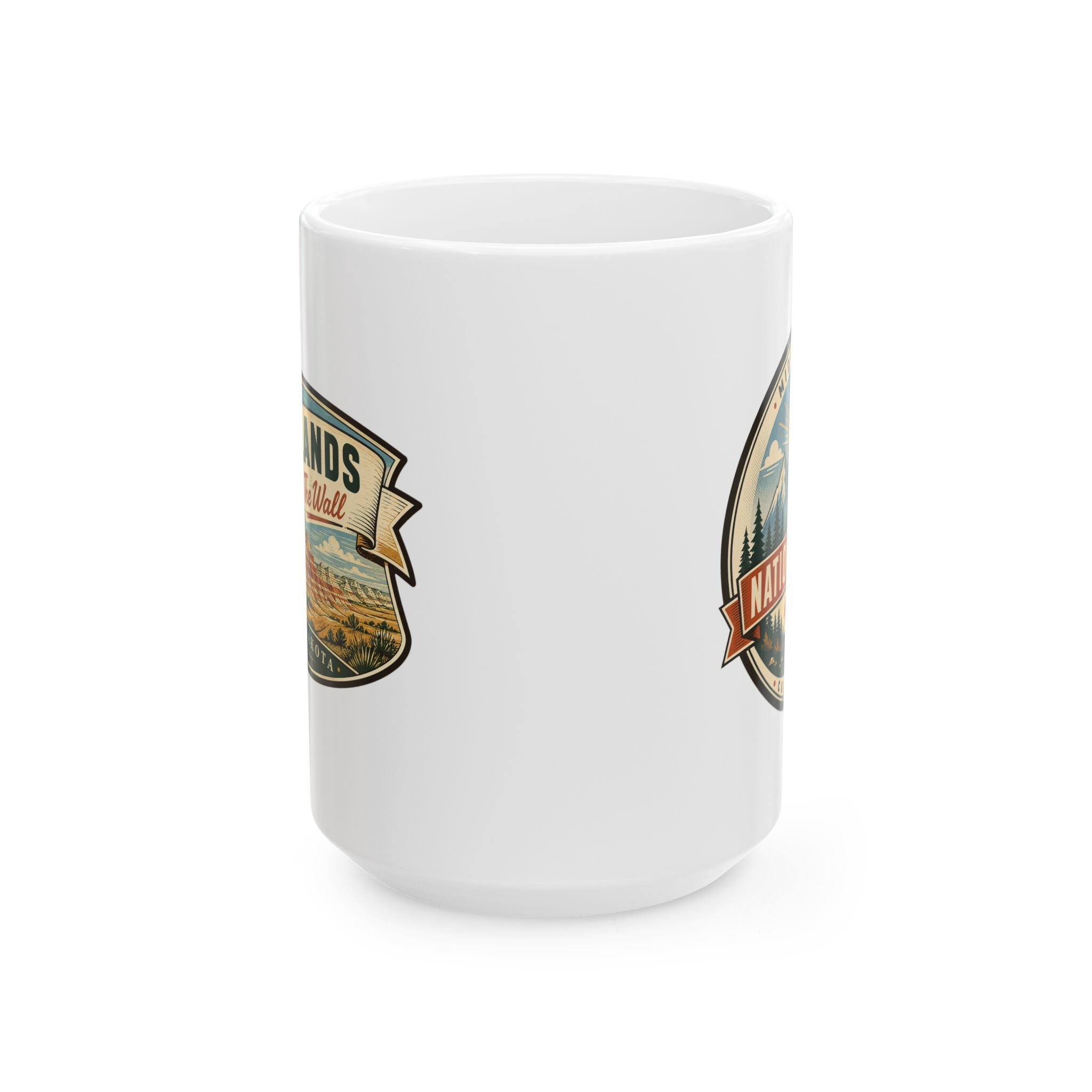 White ceramic mug with partial Badlands The Wall logo on the side
