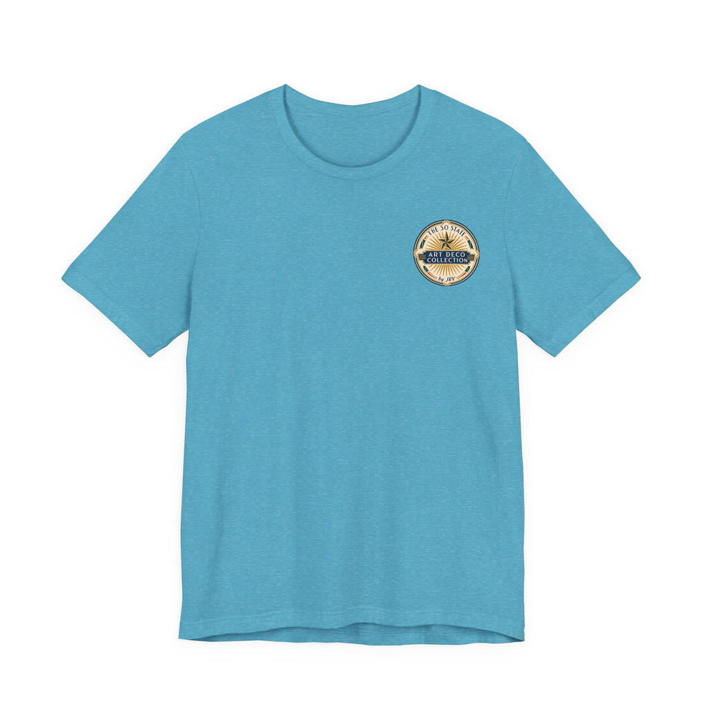 Light blue short-sleeve T-shirt with circular chest logo