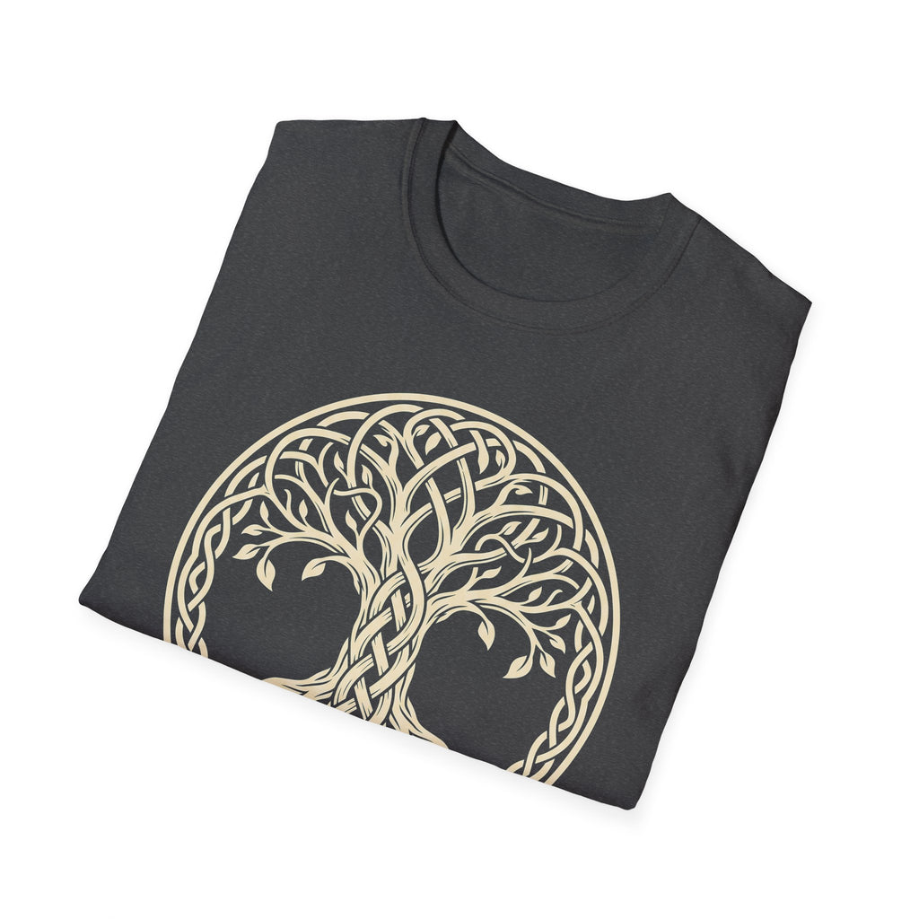 Dark heather T-shirt with gold Celtic tree of life knotwork circle graphic