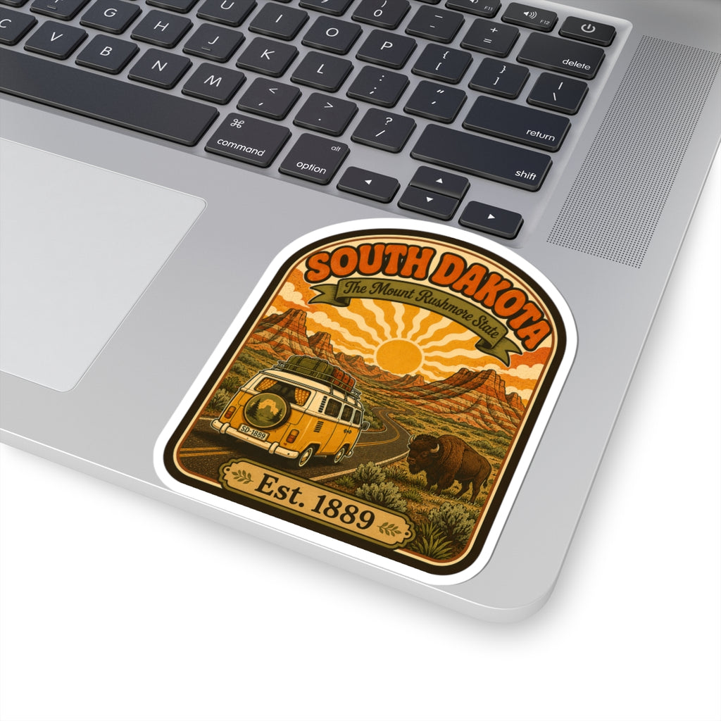 Die-cut South Dakota sticker with winding road, vintage van, buffalo, and Est. 1889.
