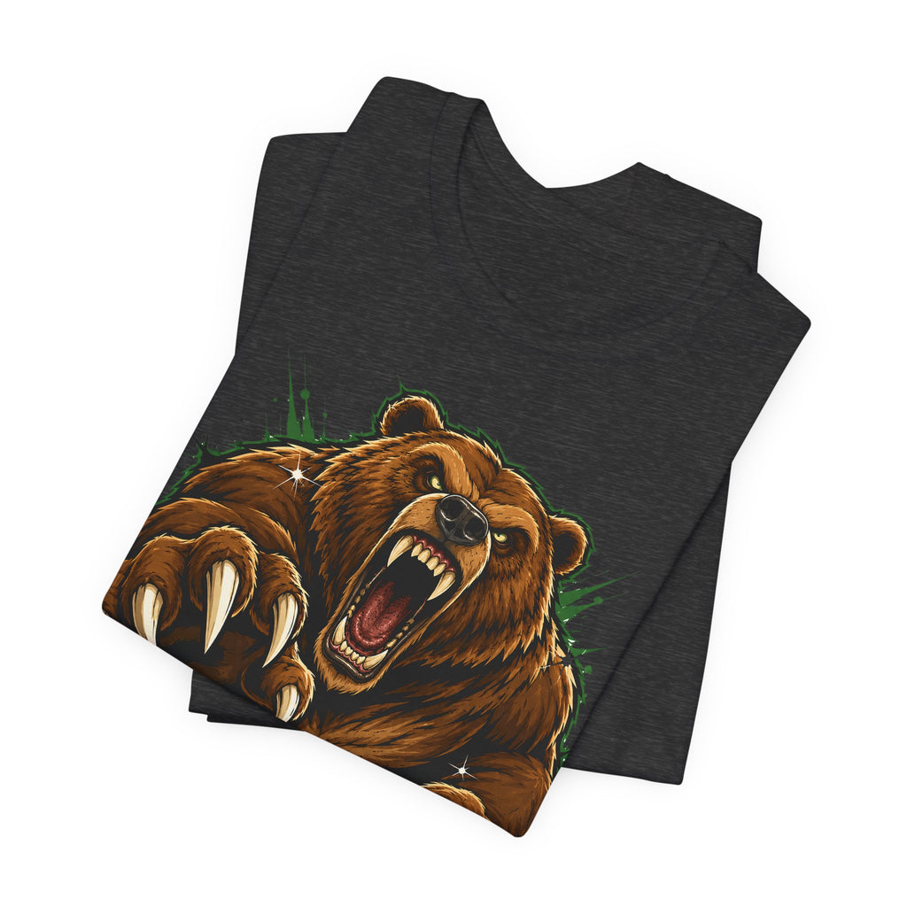 Black unisex crew-neck T-shirt with roaring brown grizzly bear graphic.
