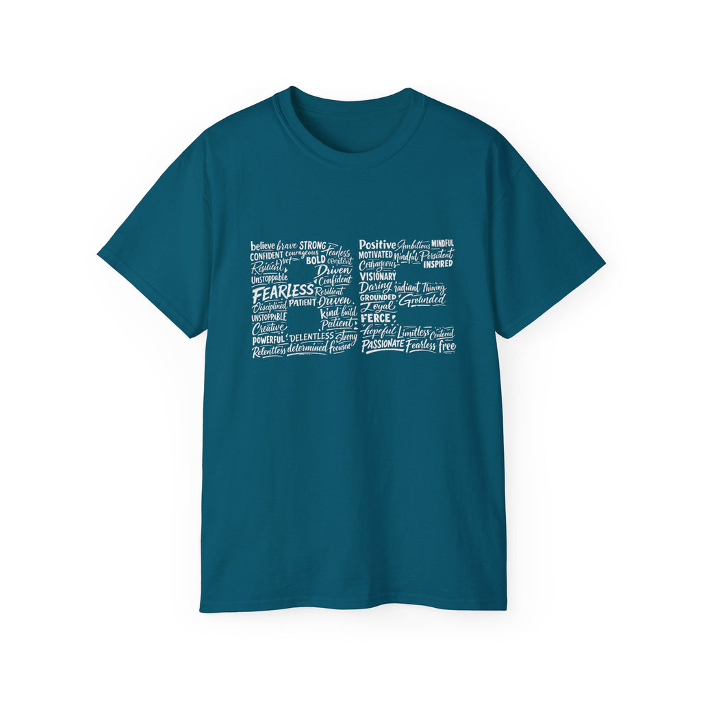 Life word cloud T-shirt in Galapagos Blue with centered inspirational text design
