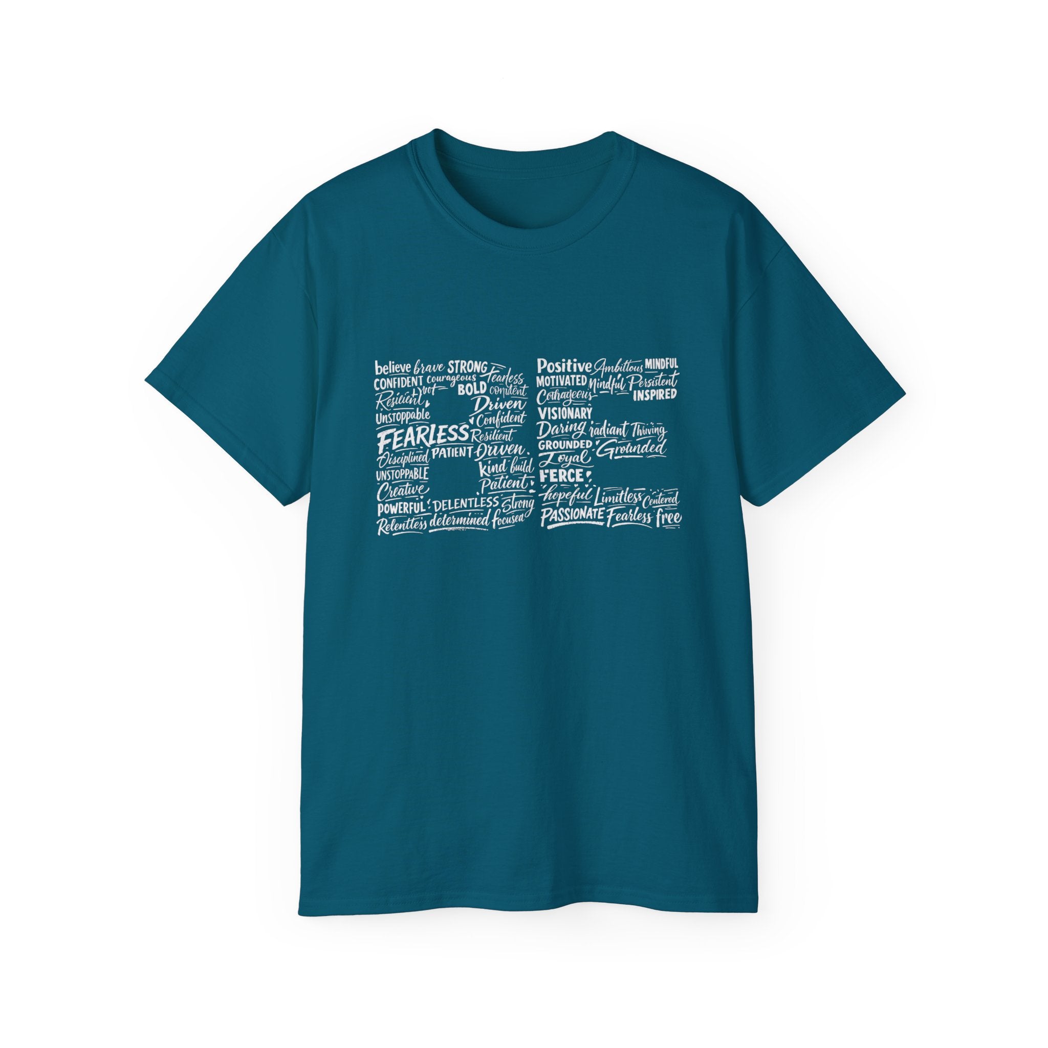 Life word cloud T-shirt in Galapagos Blue with centered inspirational text design
