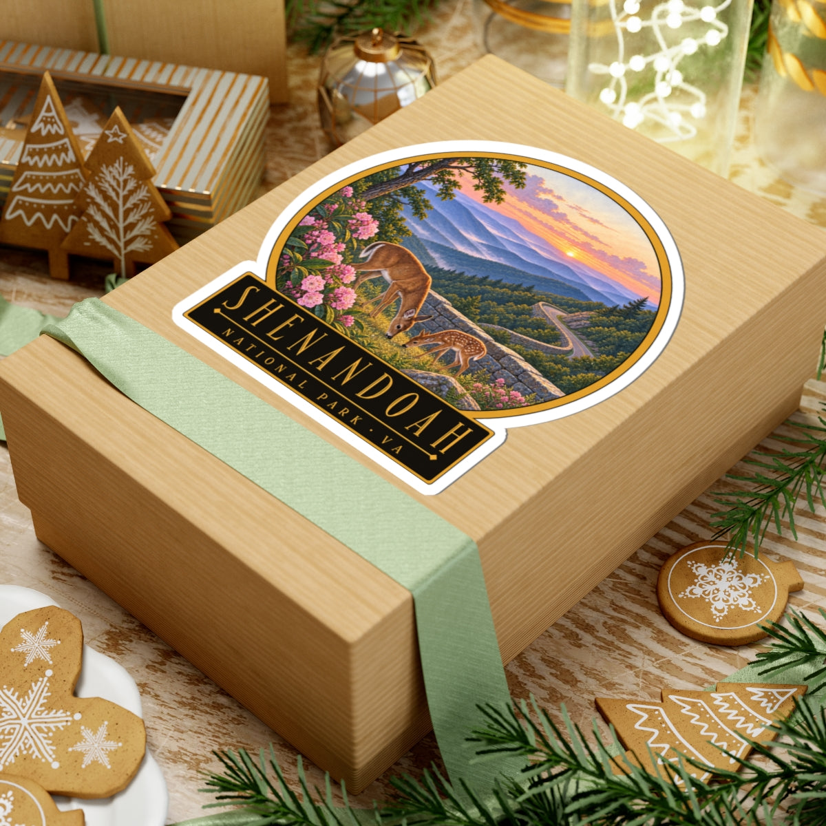 Round sticker featuring deer in the valley at sunset with pink flowers and SHENANDOAH NATIONAL PARK VA