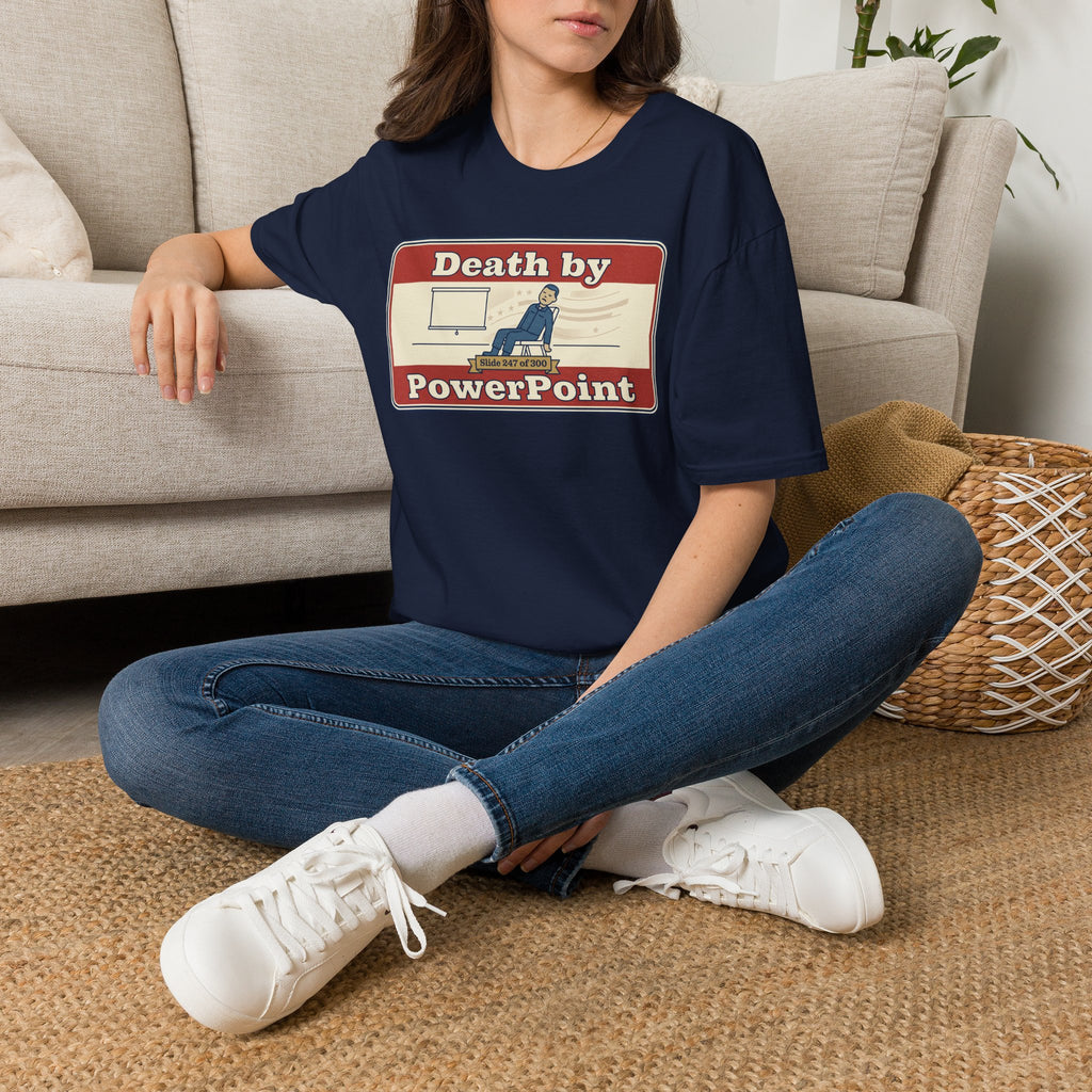 Navy T-shirt with "Death by PowerPoint" graphic, worn with jeans
