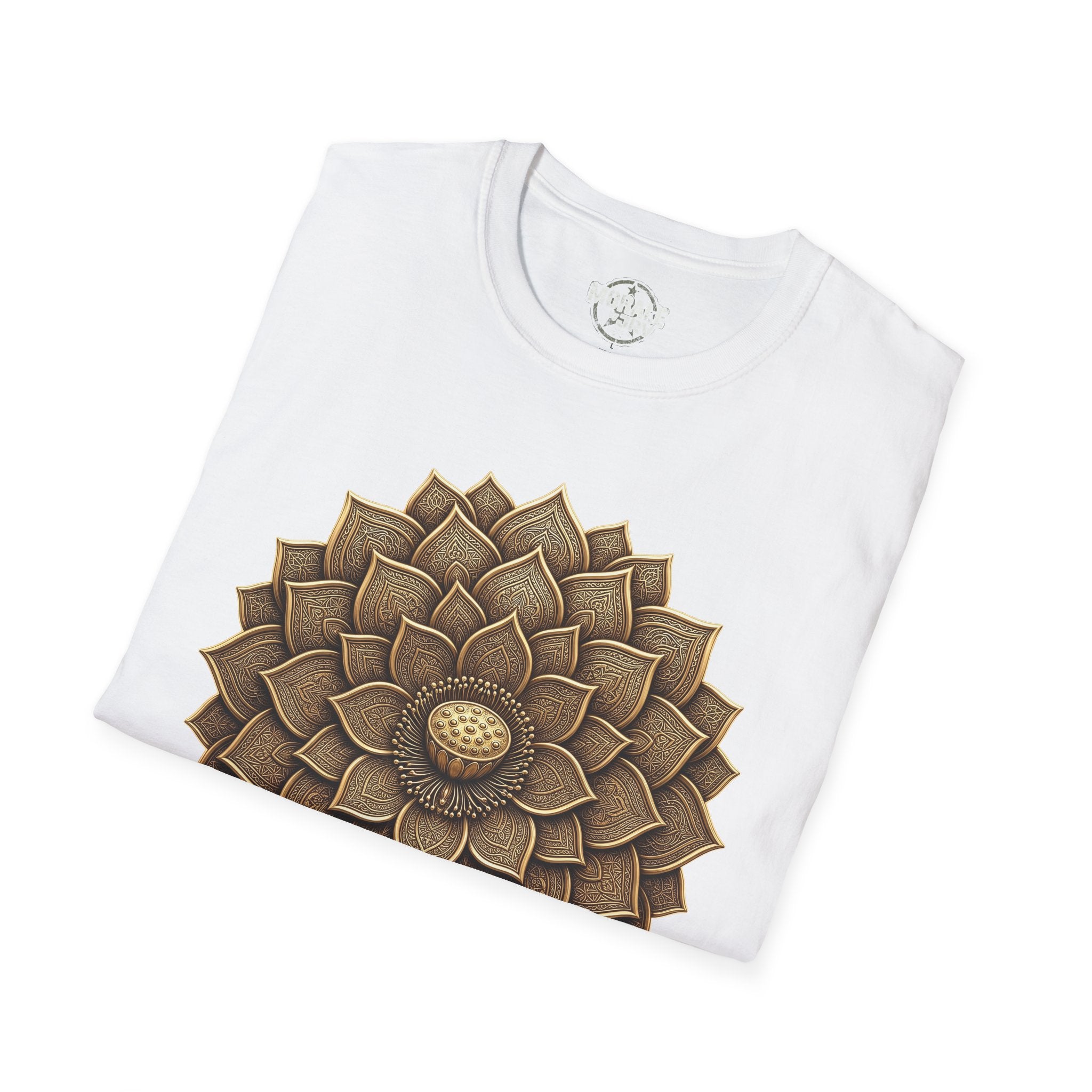 White T-Shirt with gold mandala flower in geometric lotus sunburst design