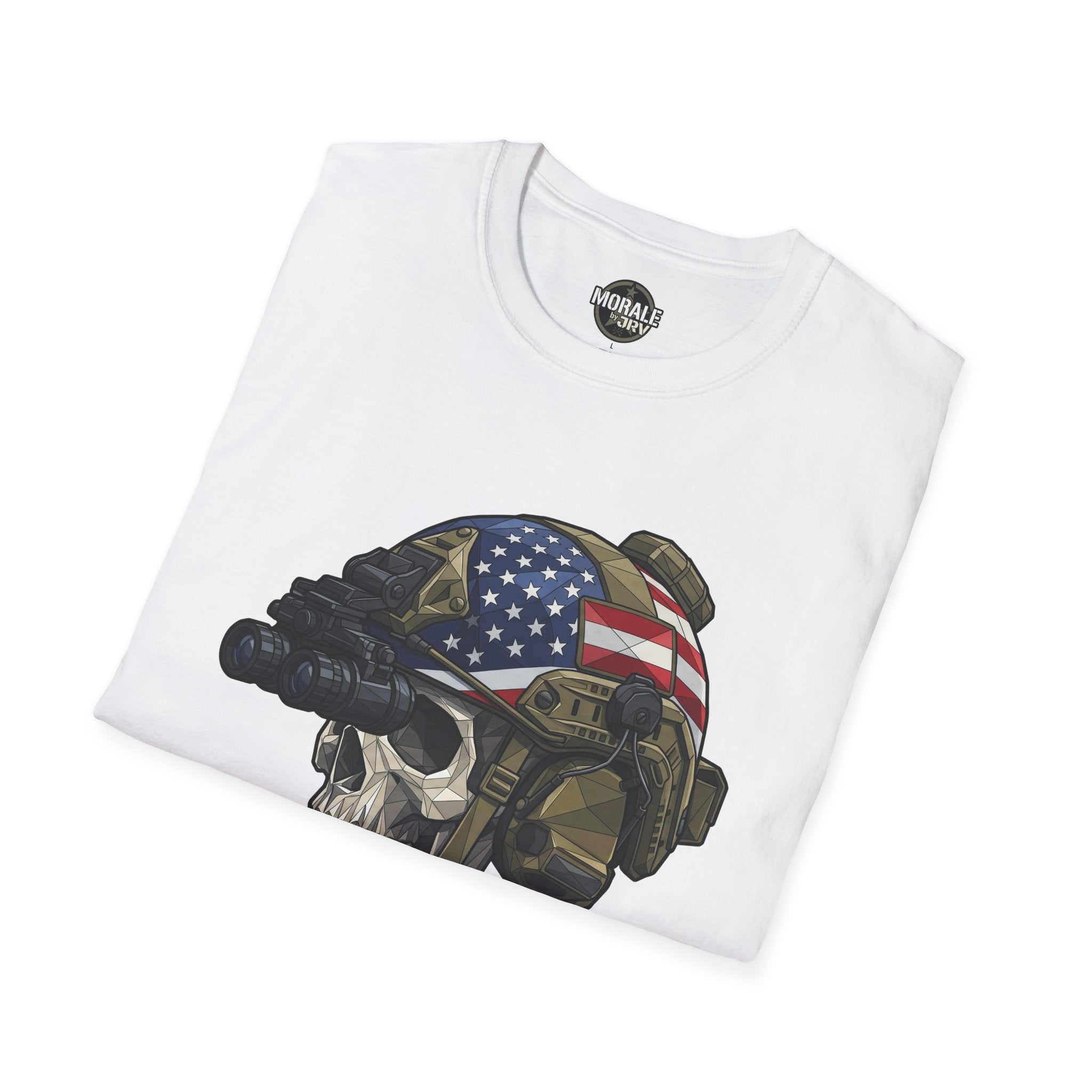 White T-shirt with skull helmet graphic, US flag face and rifle