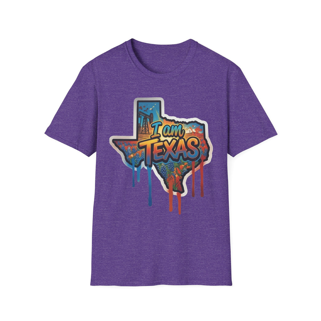 Purple T-shirt with colorful I am Texas state outline graffiti graphic